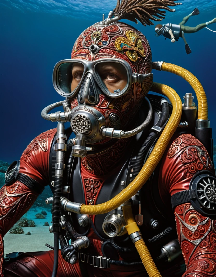 Painting, insane details, Sharp focus of a 1980'S Masai ral-elctretch as a Scuba diver, highly intricate, Laying down, Ultrarealistic, L USM, <lora:ral-elctretch:1>, rich deep colors, intricate artistic color, located artistic, set logical ambient background, winning