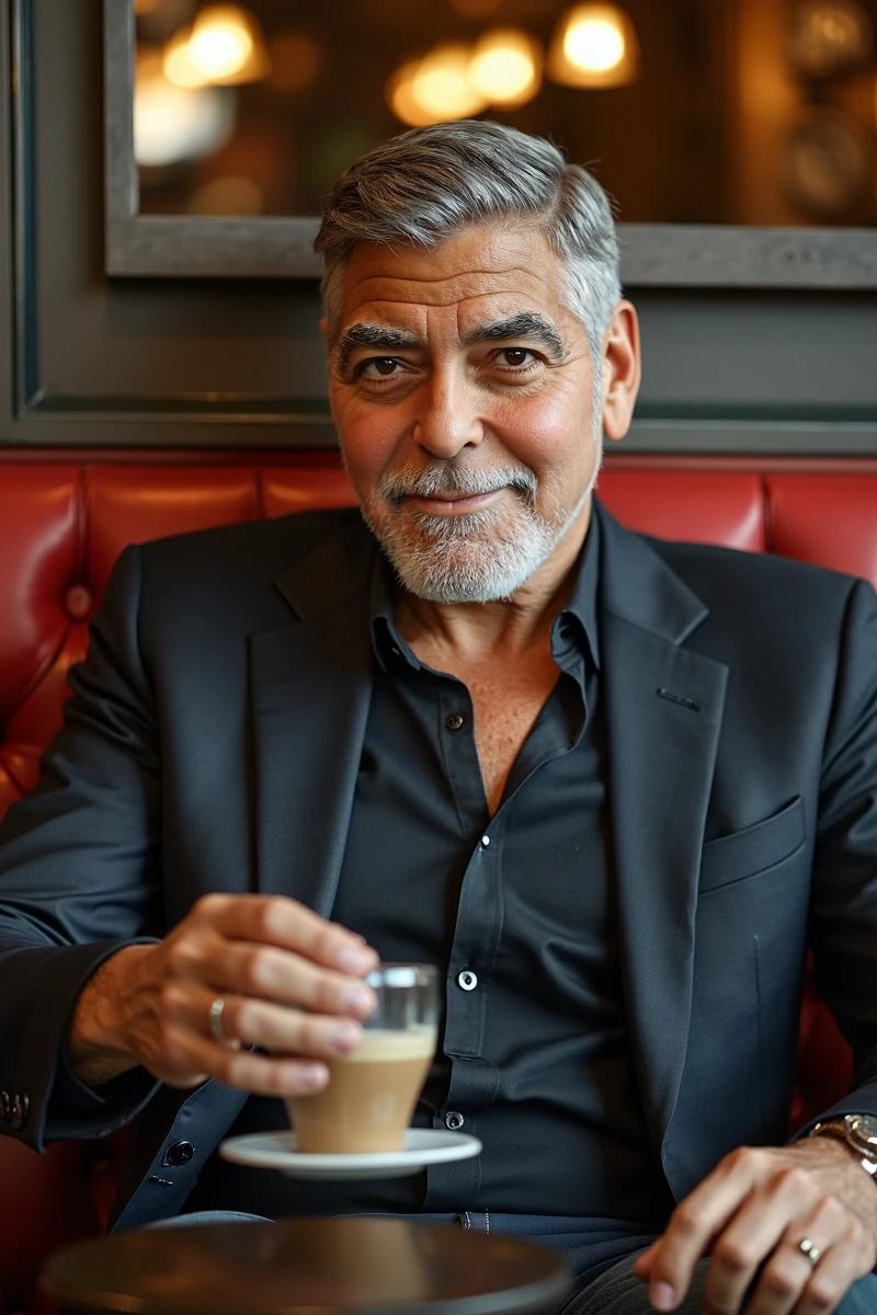 A 49 yo fresh man (george clooney) sitting in a (retro cafe) , lifelike  face in focus , with couches and coffee mashines, shaved beard , confident happy eye contact , teasing the viwer , ultra high detailed skin texture, delicate face contours , wear a suit , cloogeo , loading a historic old but working coffee machine , (hot coffee steam rises :1.6), correct anatomie when it comes to fingers and body posture, modern short hair with style, light and shadow play, 