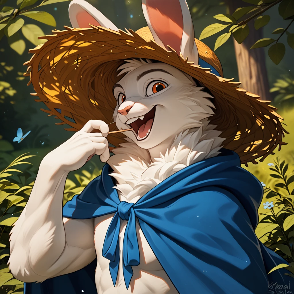 score_9, score_8_up, score_7_up, score_6_up, BREAK
(Prof_G_Quill:1.1), kraaisha, a small furry (rabbit:1.1), solo, anthro (male:1.1), wearing a( straw hat with blue ribbon:1.2) and a blue cloak with a high collar. white_collar shirt, The rabbit has (white fur:1.1) with orange eyes and a serious expression, happy, (laugh:0.8), pose, short height, straw hat, outside, (disney:0.8) forest path, detailed background,
<lora:Prof_G_Quill._v1_2024-10-31_09-21-52-save-410-205-0:0.55> <lora:KraaiSha_-_Art_Style-000037:1>