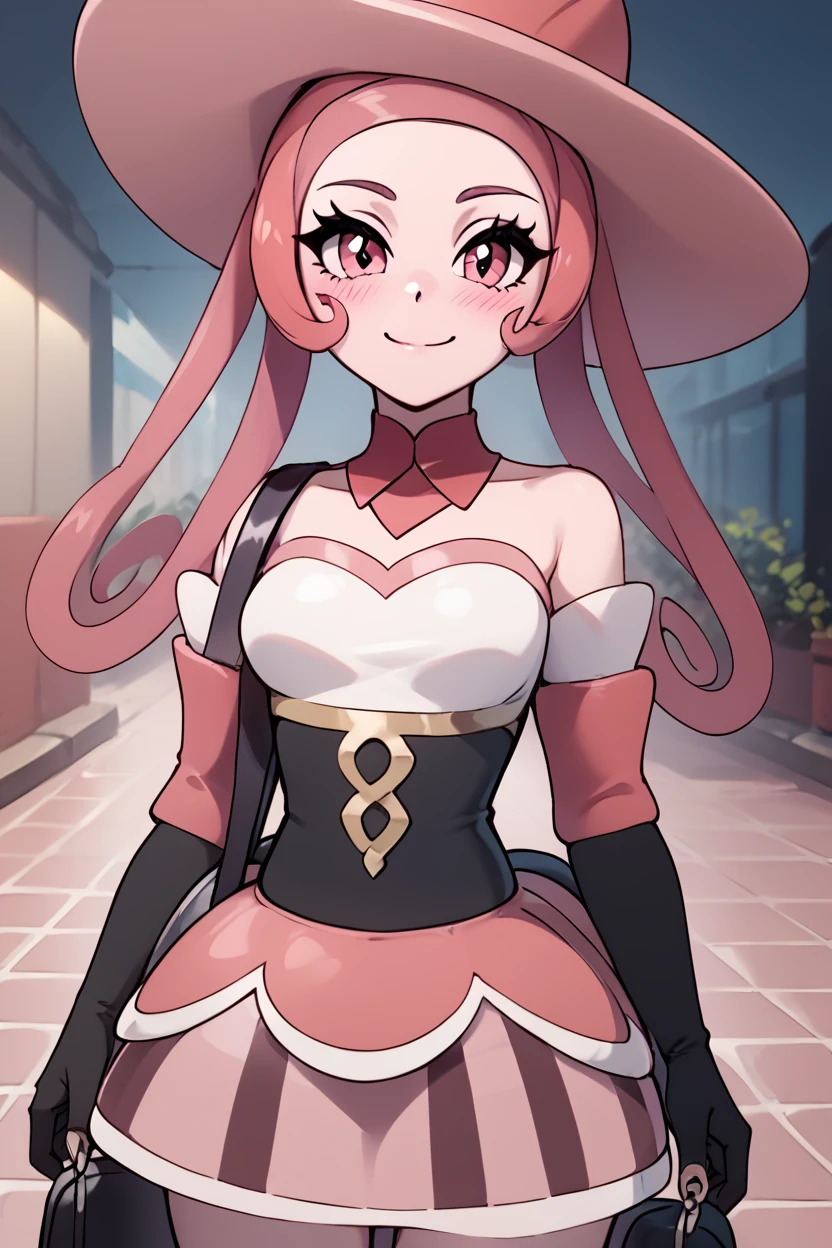 score_9, score_8_up, score_8, medium breasts, (curvy), cute, eyelashes,       ,,, , ,,,  zzDana, pink eyes, curly hair, long hair, pink hair, pink dress, elbow gloves, bare shoulders, black gloves, pink hat,  <lora:Dana_Pokemon_PDXL:1.0>,    ,,,, BREAK, closed mouth, alternate costume, smile, looking at viewer, collared shirt, blush, sweater, black skirt, eyelashes, long sleeves, sleeves past wrists, plaid skirt, shoulder bag, black bag, blurry, tile floor, pleated skirt, white shirt, cowboy shot, ,,, embedding:zPDXL, Expressiveh, ,,, <lora:Vivid:0.7>, <lora:Uncensored_PonyXL_cpt_v02.09:0.4>, <lora:Expressive_H-000001:0.4>,