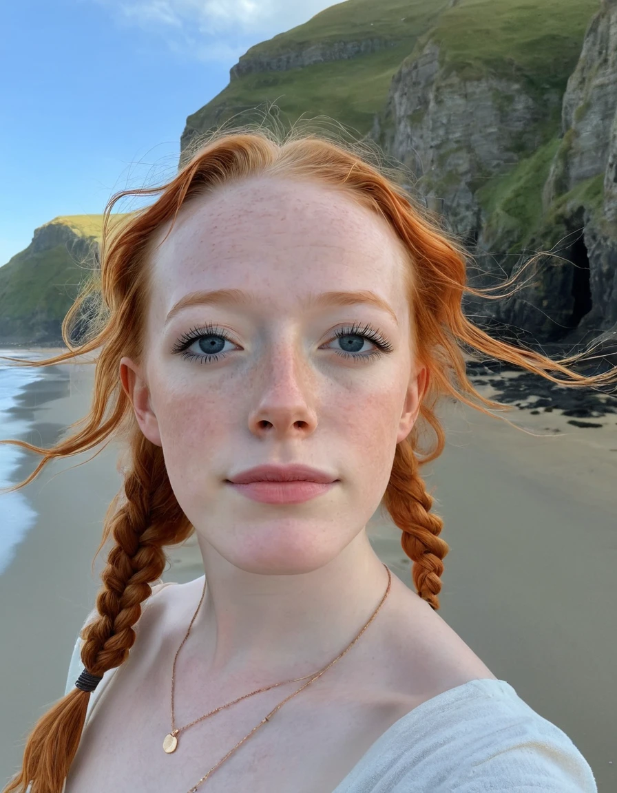 (medium shot) AMYB3THNEUTRAL, redhead with blue eyes and braids on beach looking up, ginger hair with freckles, cinematic film still, scotland beach in the background,  (lookin at the sky) (big open bright eyes) (blue sky in the background) (In the background of this image, there is an open landscape scene with a blend of sky and land. The sky has soft pastel colors, mostly shades of light blue, pink, and orange, likely depicting either sunrise or sunset. Thereâs a hint of clouds, but they are sparse, allowing the warm light to shine through. Below the sky, thereâs a view of the coastline with rugged cliffs and green fields stretching out. The scenery evokes a peaceful and natural setting)
  <lora:AMYB3THNEUTRAL_last:0.8> <lora:AMYB3THNEUTRAL_02:0.8>