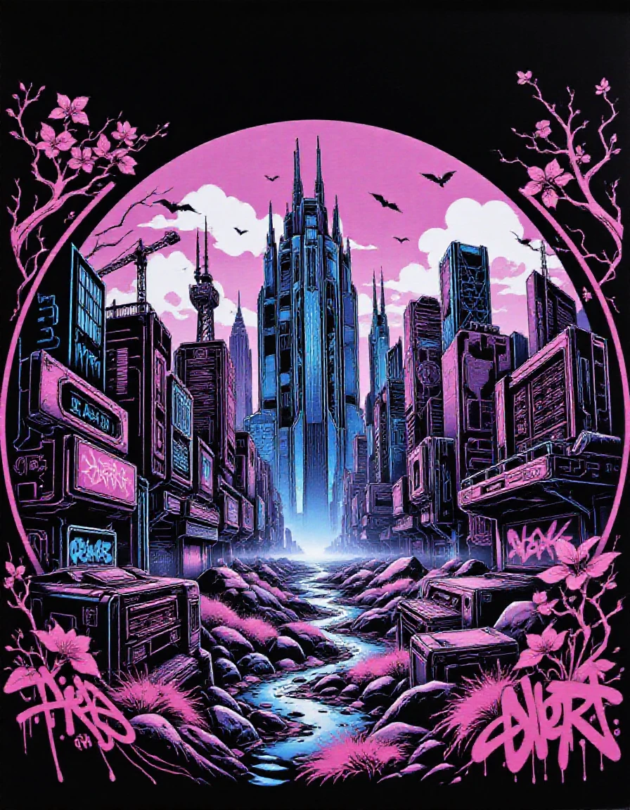 a futuristic city  in the style of a mix between a mix of retrofuturism and transhumanism with intricate detail in the style of Chris Foss and global illumination Tilt-Shift Blur and Fisheye Distortion and Monochromatic , , apocalyptic with fluid detail in the style of Ron Miller , Lilac theme, Burgundy outline, black background, graffiti, 2d, flat color,  <lora:Blacklight Graffiti Style Flux_epoch_25:1>