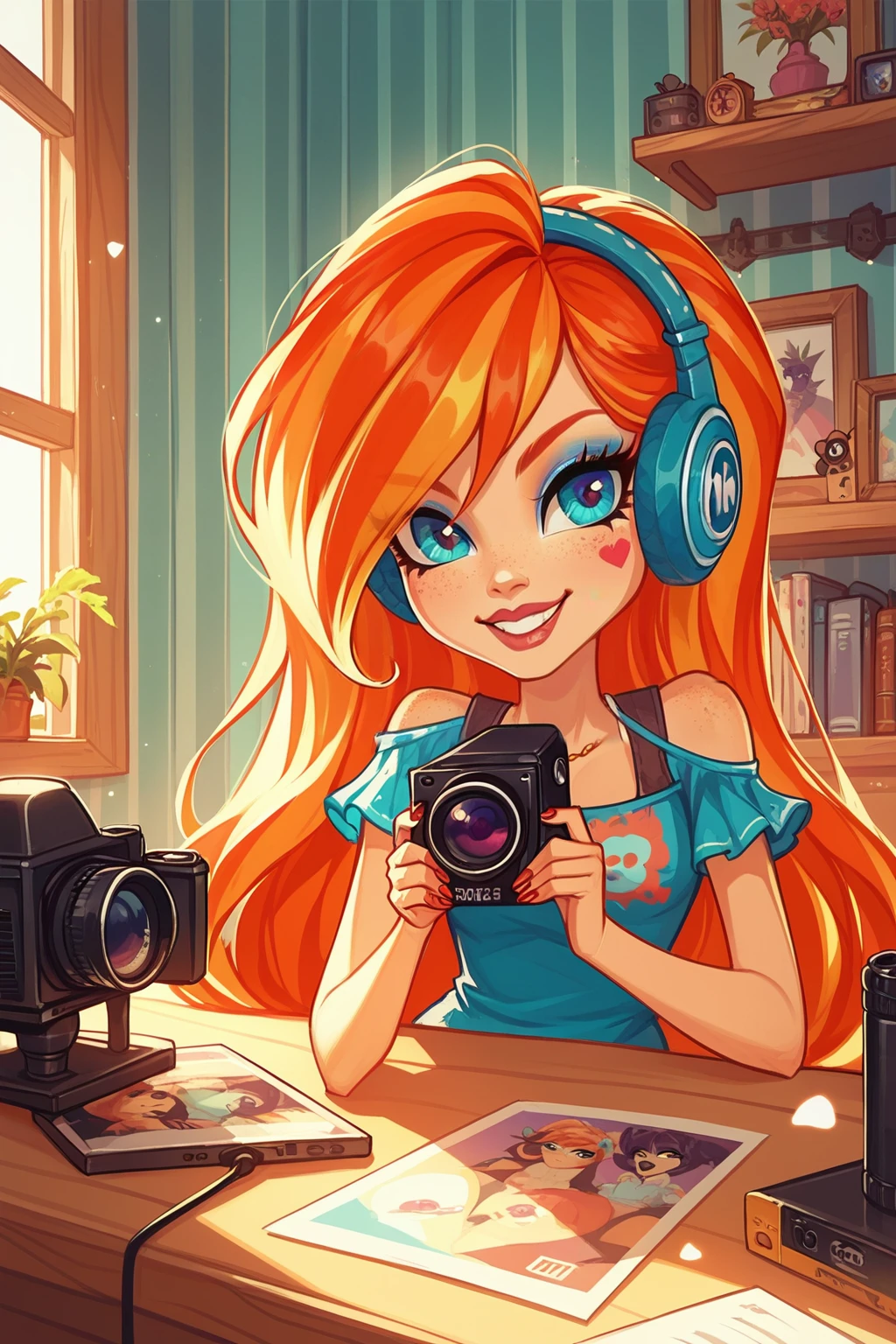 score_9, score_8_up, score_8, <lora:mh:1>, monsterhigh, 1girl, solo, smile, indoors, camera, holding camera,