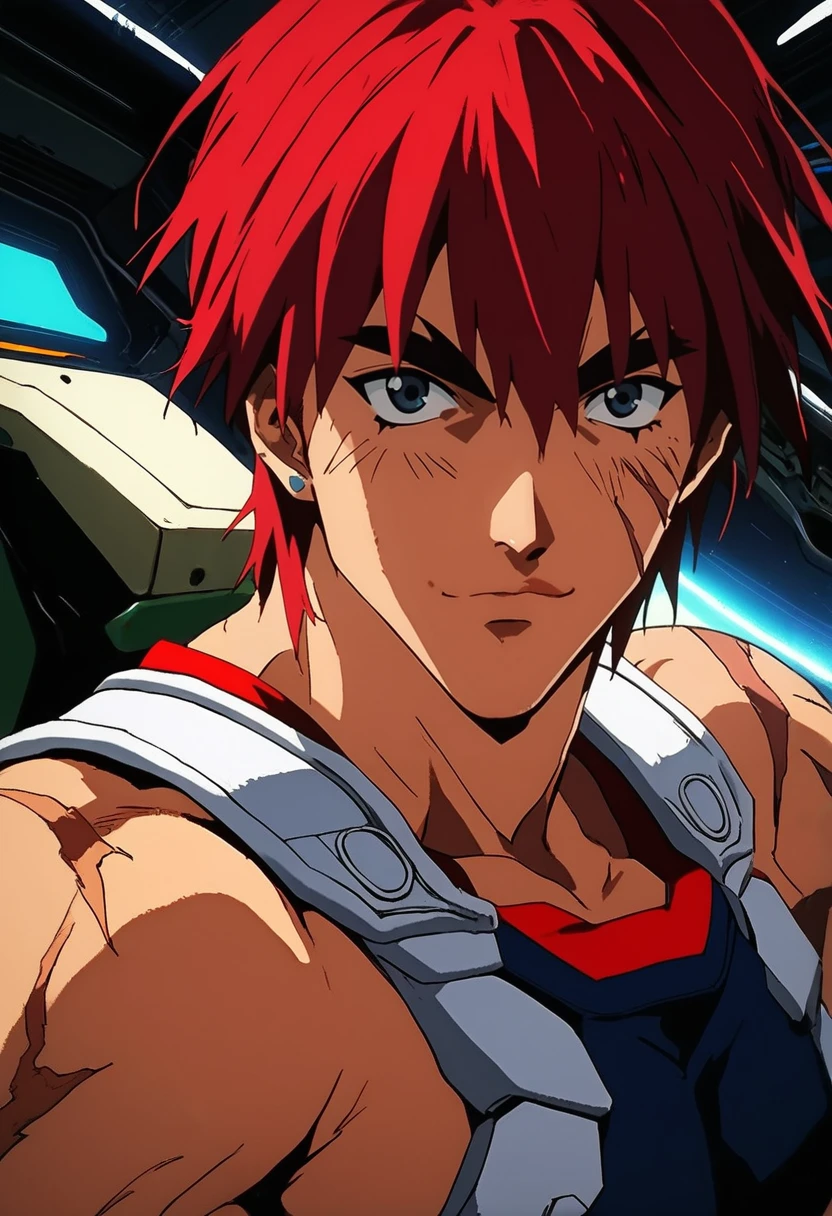 source_anime, (masterpiece), (best quality), score_9, score_8_up, score_7_up, (masterpiece:1.2), (best quality:1.3), 1boy <lora:Gene_Starwind_Outlaw_Star-000005:0.8> gstar_ostr, red hair, scar, looking at viewer, portrait, muscular, shoulder star, cockpit background, 1990s \(style\), masterful composition, dynamic movement, low-key lighting, lo-fi, glow, dynamic cinematic lighting, ray_tracing, global illumination <lora:Anime Style (Vauxz) PONY:0.8>