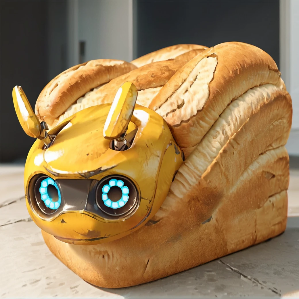 anime artwork score_9, score_8_up, score_7_up, best quality, high quality, highly detailed, cel shading, source_cartoon, <lora:Smooth Style LoRA XL:0.6>  buggcru, small antennas, yellow robot,  glowing blue eyes,  face on bread, <lora:Bread  Concept - Pony Diffusion v6 SDXL:0.75>  <lora:bugg_Crucible-10:0.8>