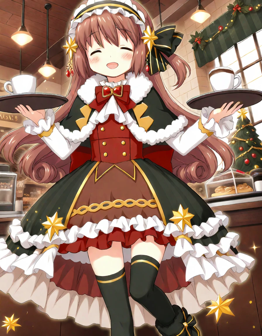 satomi touka, holy night, thighhighs, solo, smile, blush, closed eyes, leg up, tray, coffee shop, dutch angle, <lora:20241029224843_satomi_touka_animagine-xl-3.1:0.7>