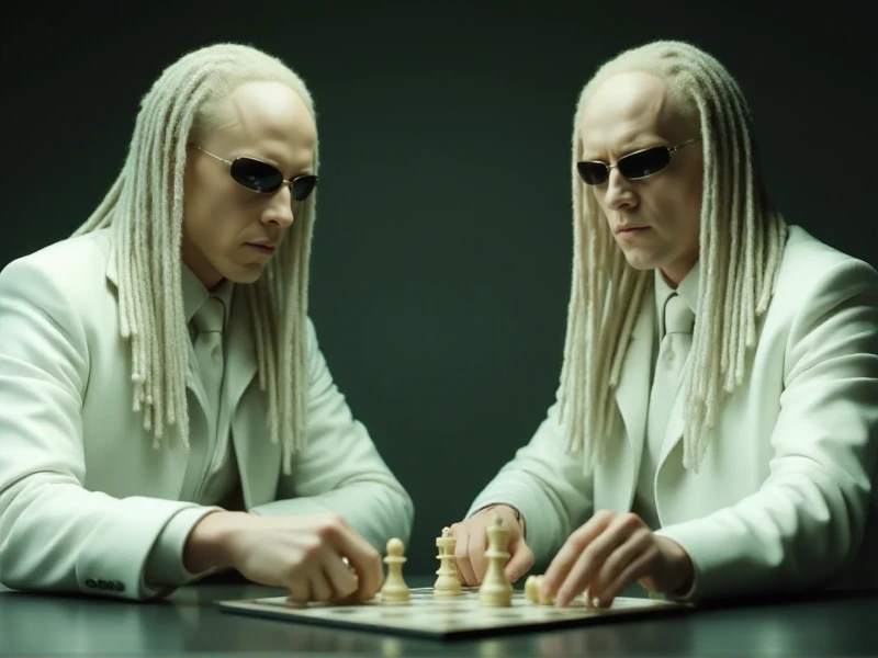 Matrix Twins are two pale men with sunglasses and white suit and are playing chess<lora:Matrix_Twins:0.9>