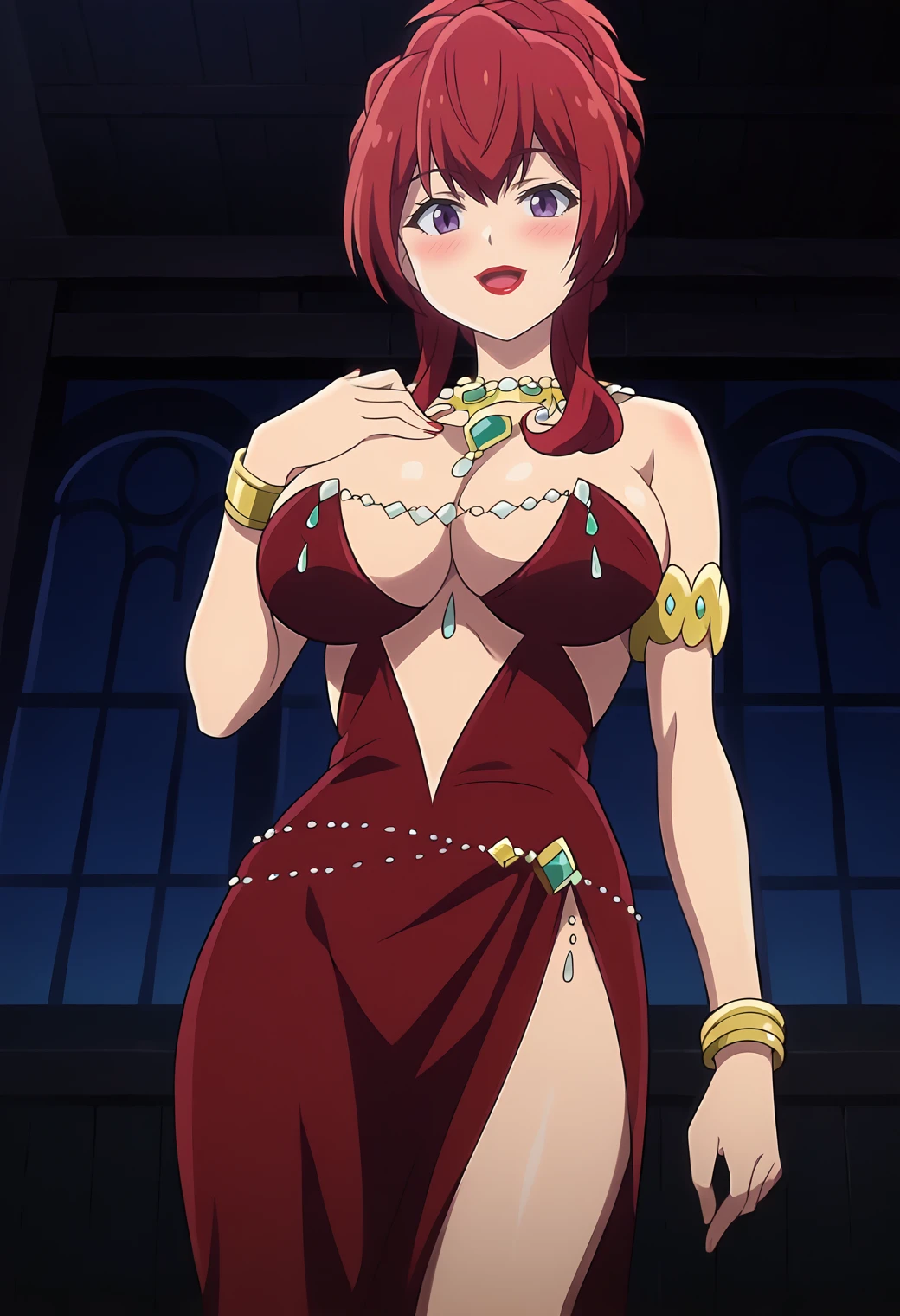 score_9, score_7_up, hd, (ultra hd quality details), source_anime, anime screencap, indoors, night,
solo, 1girl, lfanisim, red hair, ponytail, braid, large breasts, lipstick,
red dress, cleavage, armlet, bracelet, necklace, side slit,
looking at viewer, blush, smile, open mouth, 
from below, hand on own chest, 
<lora:_fanis_laminitus-elesico-ponyC-000008:1>