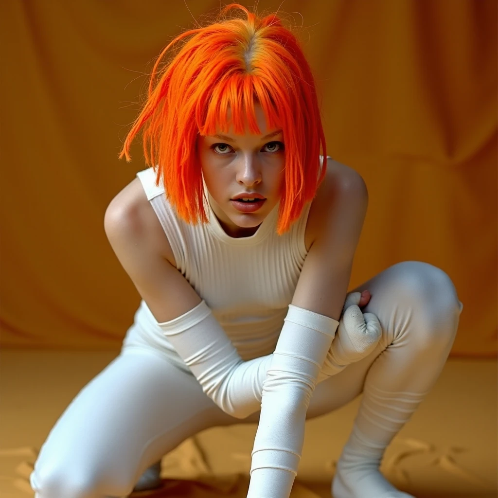 LeeLoo5, A close-up action shot of a woman with bright orange, messy bob-cut hair, crouching and looking intensely forward. She is wearing a white, minimalist outfit made of bandages wrapped around her body in a futuristic style. Her expression is alert and determined, with her mouth slightly open and one arm raised, ready to react. The background has a warm, textured surface, adding depth and contrast to the scene. The lighting is soft but highlights her focused demeanor, capturing the tension and intensity of the moment.,