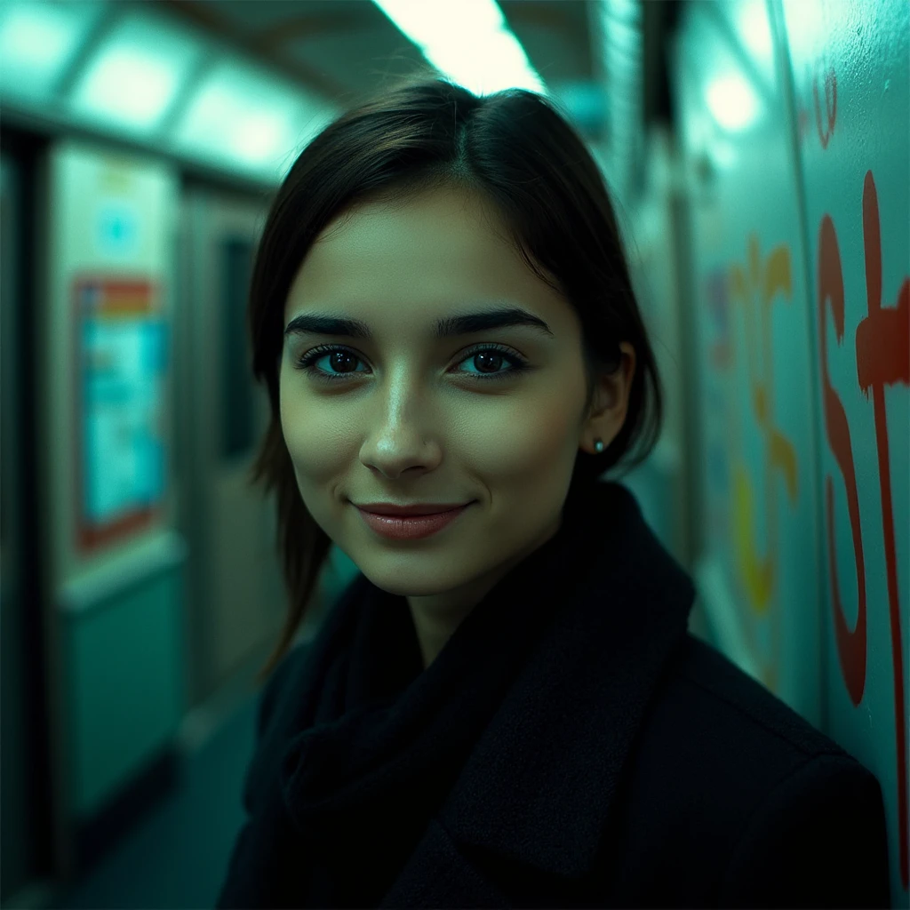 portrait, clouse-up, upper body, Best quality, masterpiece, ultra high res, (photorealistic:1.4), raw photo, street photography, trending on flickr, 1girl, in the dark, low key, deep shadow, cold light, deep contrast, bokeh, depth of field, (looking at viewer, softly smiling), a photo of a inside a subway car, wall full of grafittis, Drew Tucker, award-winning photograph,neoism, ((upper body)), ((straight photo)),light smile,exposure blend, medium shot, bokeh, (hdr:1.4), high contrast, (cinematic, teal and orange:0.85), (hyperdetailed:1.2), (noir:0.4)