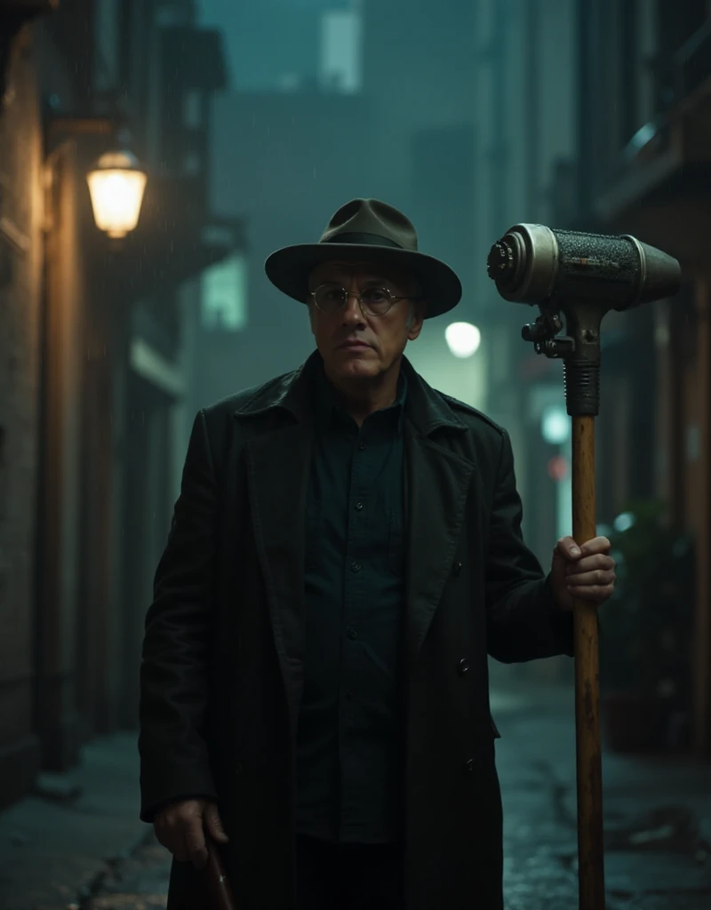 Dyson Ido, a man with a hat and glasses and a long jacket. He is standing in a cuberpunk dark alley in the rain. He holds a stick with a hammer in the shape rocket on top <lora:DysonIdo:0.9>