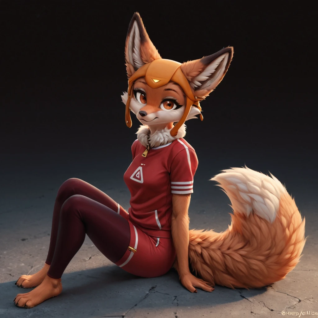 Penny Fox, red fox, lineart, closed mouth, black leggins, tail, brown eyes, short hair, furry anthro, shirt, border, red jacket with zipper, smile, white simple background, animal ears, full body, black eyes, sitting, ears through headwear, fox girl, fur collar, gold triangle on headwear, blep