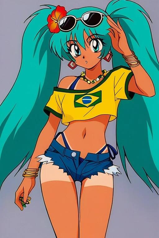 imtdbrmiku, twintails, very long hair,tanlines, aqua hair, aqua eyes,shorts, eyewear on head,sunglasses on head, hair flower,crop top, earrings, hair ornament,swimsuit, bikini under clothes,bracelet, necklace, denim shorts,cutoffs, brazil flag on crop top,RetroAnime,1990s anime, 80s style,90s style,1980s anime,old quality animation,high quality, best quality,retro anime style, detailed retro anime style