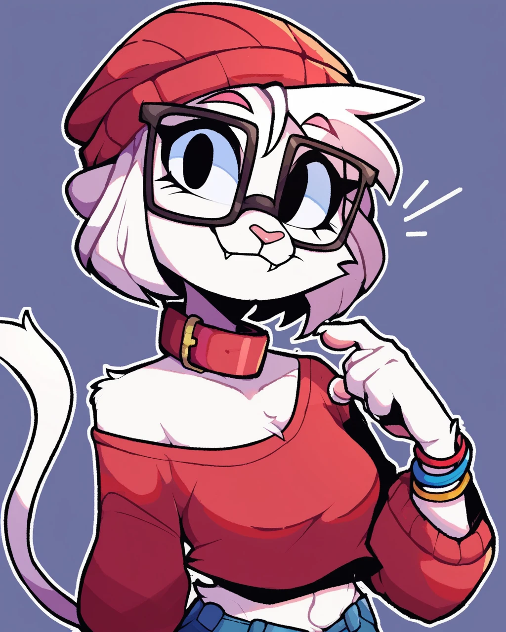 score_9_up, score_8_up, score_7_up, score_6_up, half-length portrait, by remanedur, cat, short hair, furry female, female, furry, black eyes,  red collar, bracelet, glasses, rectangular glasses, white body, white fur, white hair,  ears through headwear, looking at viewer, solo, smile, happy, three-quarter view, head tilt, beanie, red beanie, off shoulder, jeans, torn jeans, tail, sneakers, simple background, white outline, <lora:Leah_Pines(AIM)_XL_v1:0.15> <lora:PDXL_artist_tags_v2_big:0.4> <lora:Gaby_senorkah:0.5>