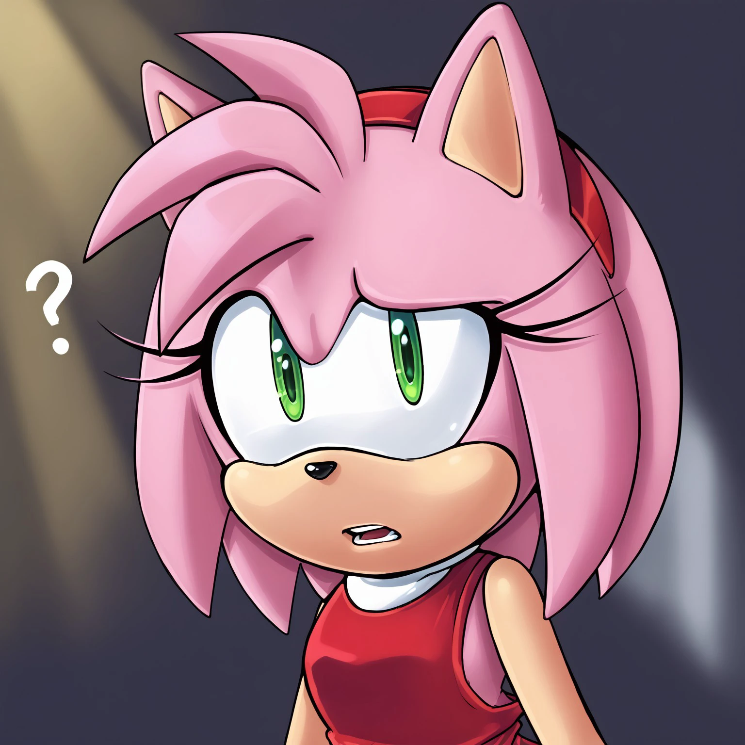 /amy rose (sonic)/, 1girl, solo, digital art, green eyes, pink fur, pink hair, animal ears, animal nose, furry, furry female, red dress, red headband, sleeveless, soft shading, side glance, teeth, teeth visible, long eyes, confused expression, small open mouth, chest up view, headshot, expressive eyes, soft lighting, simple blurred background