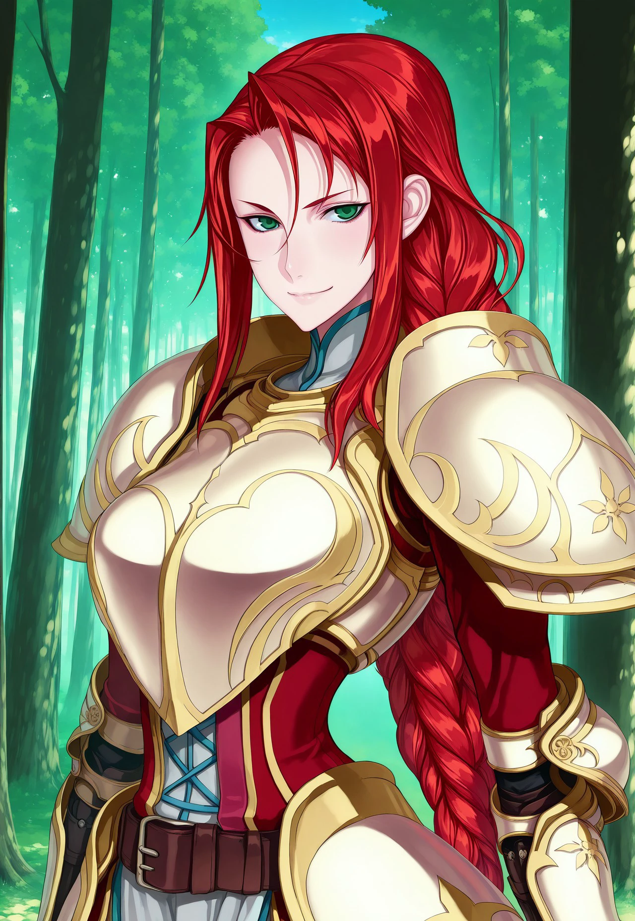 masterpiece, best quality, 1girl, solo, Raita, <lora:fetitania-illu-nvwls-v1-000005:1> defttna, red hair, green eyes, braided ponytail, armor, shoulder armor, red coat, gauntlets, belt, pelvic curtain, pants, upper body, looking at viewer, serious, smile, forest, blue sky