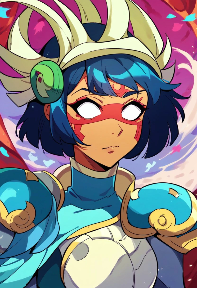 (insanely detailed, masterpiece,  best quality), very detailed, high detailed texture, score_9, score_8_up, score_7_up, 1girl, queennai, queen nai (Brawlhalla), dark skin, dark-skinned female, facial mark, no pupils, white eyes, armor, shoulder armor, leggings, cute, adorable