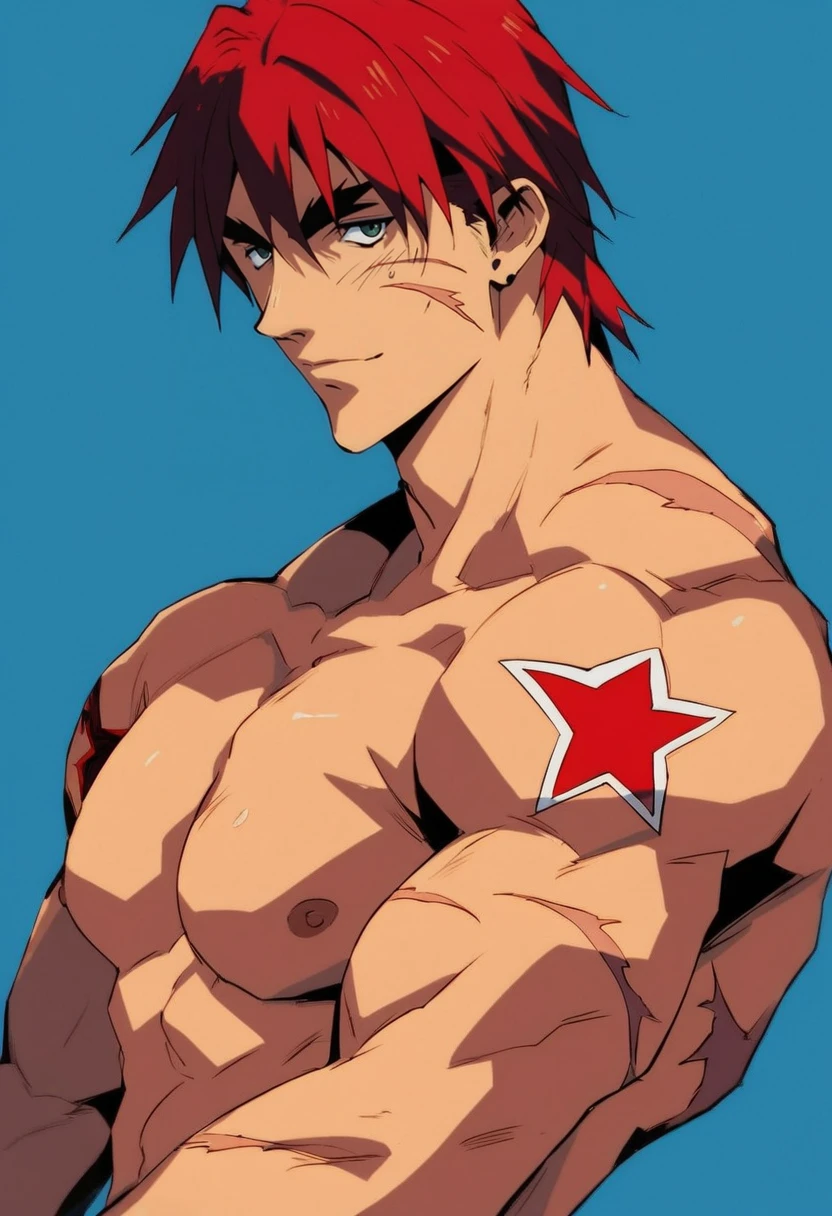 (masterpiece), (best quality), score_9, score_8_up, score_7_up, (masterpiece:1.2), (best quality:1.3), 1boy <lora:Gene_Starwind_Outlaw_Star-000005:0.8> gstar_ostr, red hair, scar, simple background, looking at viewer, portrait, muscular, tattoo, masterful composition, dynamic movement