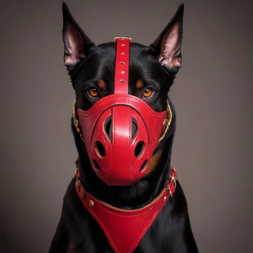 (doberman:1) wearing a red leather muzzle <lora:K9-muzzle:1>,