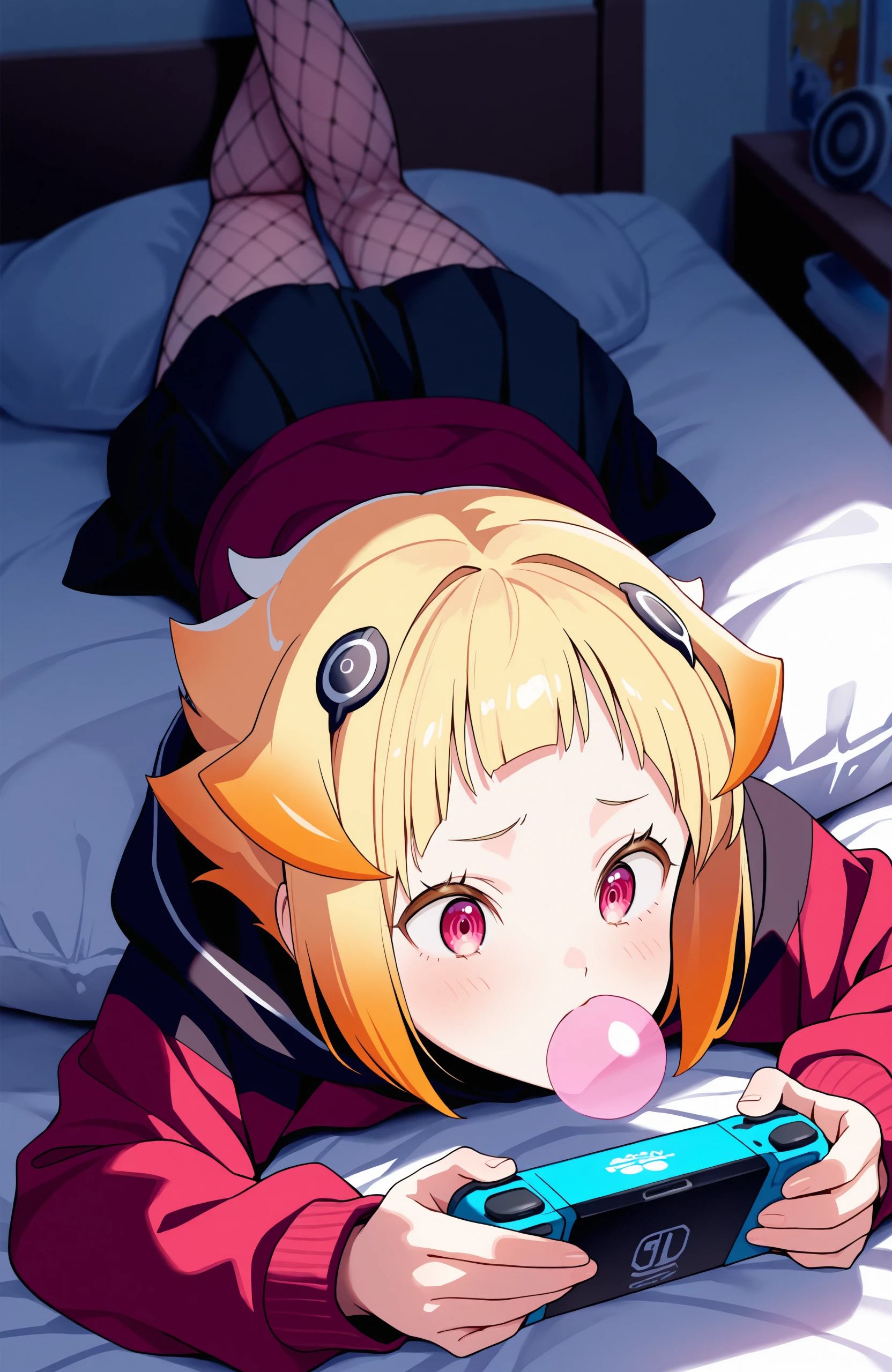 masterpiece, best quality, good quality, newest, <lora:Capella-ReZero-Illustrious-V1:1>, CEL, red eyes, blonde hair, gradient hair, orange hair, short hair, sidelocks, hoodie, on stomach, red jacket, black jacket, black skirt, fishnets, playing games, handheld game console, on bed, bedroom, messy blanket, chewing gum, hair ornament,