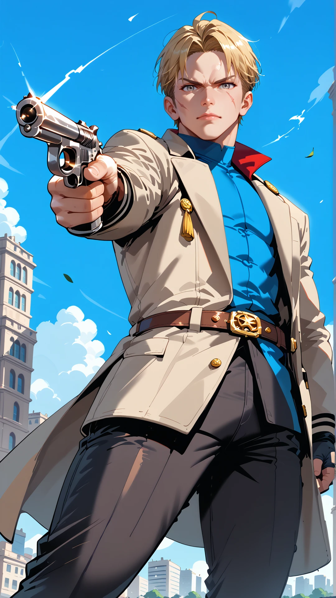 sjsartstyle, 2d, (zPDXL2), cowboy shot, dynamic pose, dynamic angle, webtoon, anime, centered, solo, 1man, perfect hands, dual wielding, (((holding two Colt revolver handguns))), mature, blonde hair, black skintight suit, gray eyes, scar over face, pointing at viewer, (detective long beige coat), black gloves, belt, cargo pants, boots, outdoors, modern city background, <lora:sd_xl_dpo_lora_v1:1>, <lora:OMG-Is-DucHaiten_v1.0:0.1>, <lora:sjsartstyle pony:1>