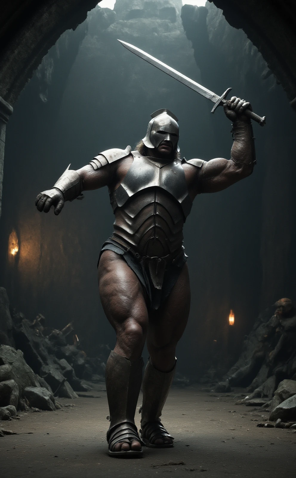 film scene from Denis Villeneuve. Cinematography. Dramatic lighting and moody atmosphere. in a dark dungeon in underground

a imposing Urukflux swinging a long sword above her head, sword above head, perfect sword, straight sword, correct sword position, correct sword placement, , he wear a armor and a helmet, he is very muscular, full body,  front view,