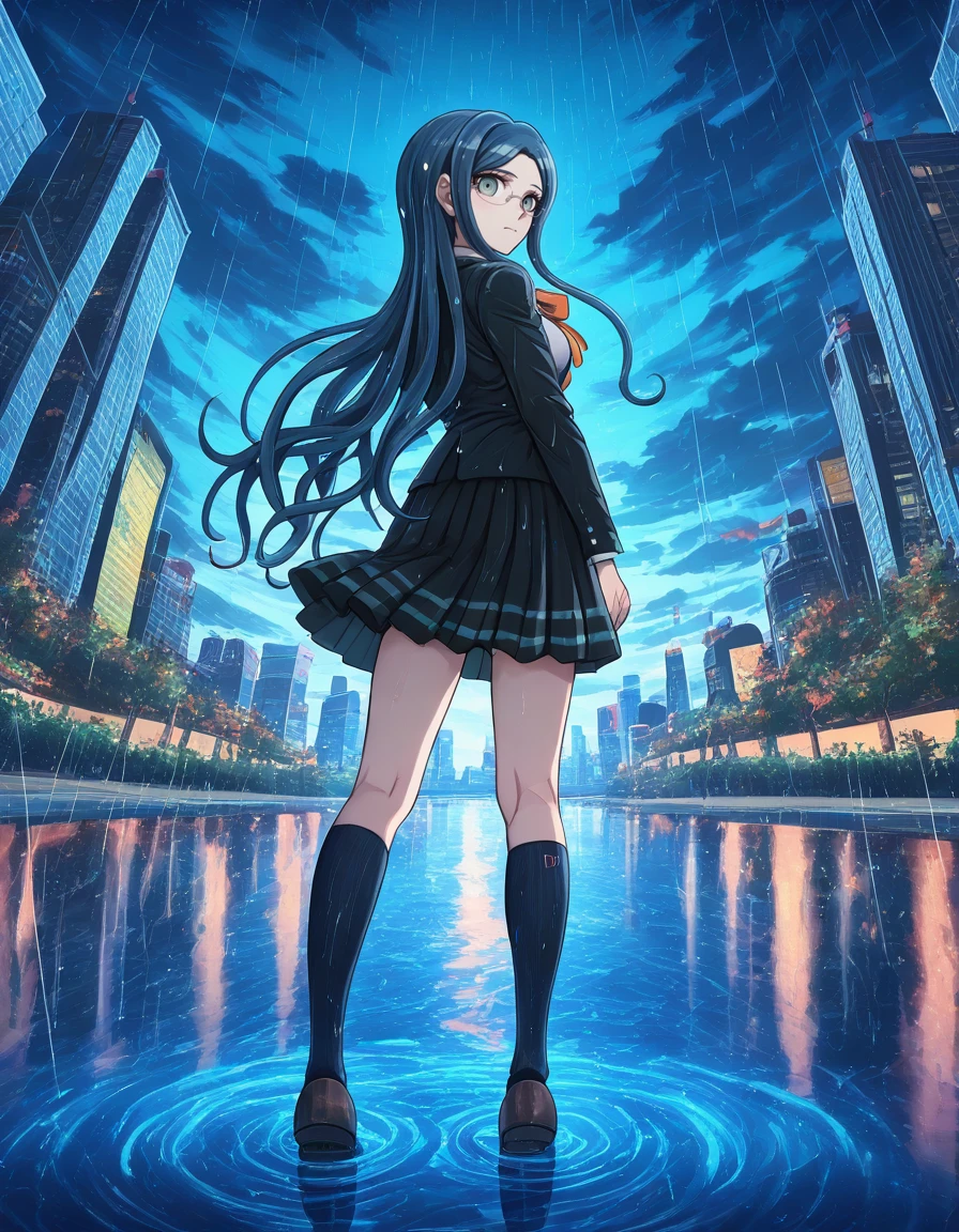 <lora:XDetail_light:-2>, modern anime, masterpiece, best quality, very aesthetic, absurdres, colorful, newest, newest anime, anime art style, detailed background, art by Rui Komatsuzaki, Rui Komatsuzaki, danganronpoa , masterpiece, best quality, <lora:Tsumugi_Shirogane_Illustrious:1>, In the art style of Rui Komatsuzaki, artist: Rui Komatsuzaki, This is an anime screencap from Danganronpa 3. . Tsumugi Shirogane wearing her uniform from Danganronpa V3. Tsumugi Shirogane has knee-length dark teal-blue hair parted in the center which is straight and smooth at the base and gradually splits into waves near the tips. Her eyes are large, round, and are a soft teal-green color. Tsumugi wears round, rimless glasses with white temples. Tsumugi's Danganronpa V3 school uniform consists of a white blouse with an orange bow tied at her collar underneath a two-button, pocketed, teal-black school blazer adorned with two silver buttons on each lapel and a single button on each gorge. She wears a knee-length teal-black pleated skirt with two dark teal stripes lining the hem. Her legwear consists of dark navy knee-length socks and teal-gray loafers.  Tsumugi Shirogane is voguing. Tsumugi is confused expression . Tsumugi Shirogane is working with and involved in cloud,outdoors,sky,scenery,cloudy sky,building,rain,cityscape,reflection,city,standing,from behind,skyline,looking at viewer, blue theme,water,skyscraper , The weather is mist