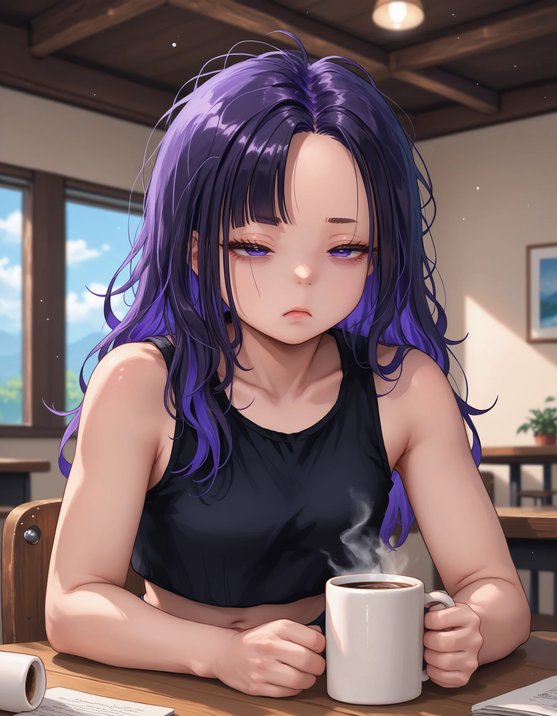 score_9, score_8_up, score_7_up, score_6_up, source_anime, indoors, table,
BREAK
1girl, eundef, long hair, asymmetrical bangs, messy hair, bedhead, forehead, purple eyes, black hair, colored inner hair, purple hair, tank top, sleeveless, dolphin shorts, midriff, navel, sleepy, tired, bags under eyes, holding mug, coffee mug, steam, chestnut mouth,
<lora:eunhwanikke-pdxl-ravenfoot-v1-CAME:1>