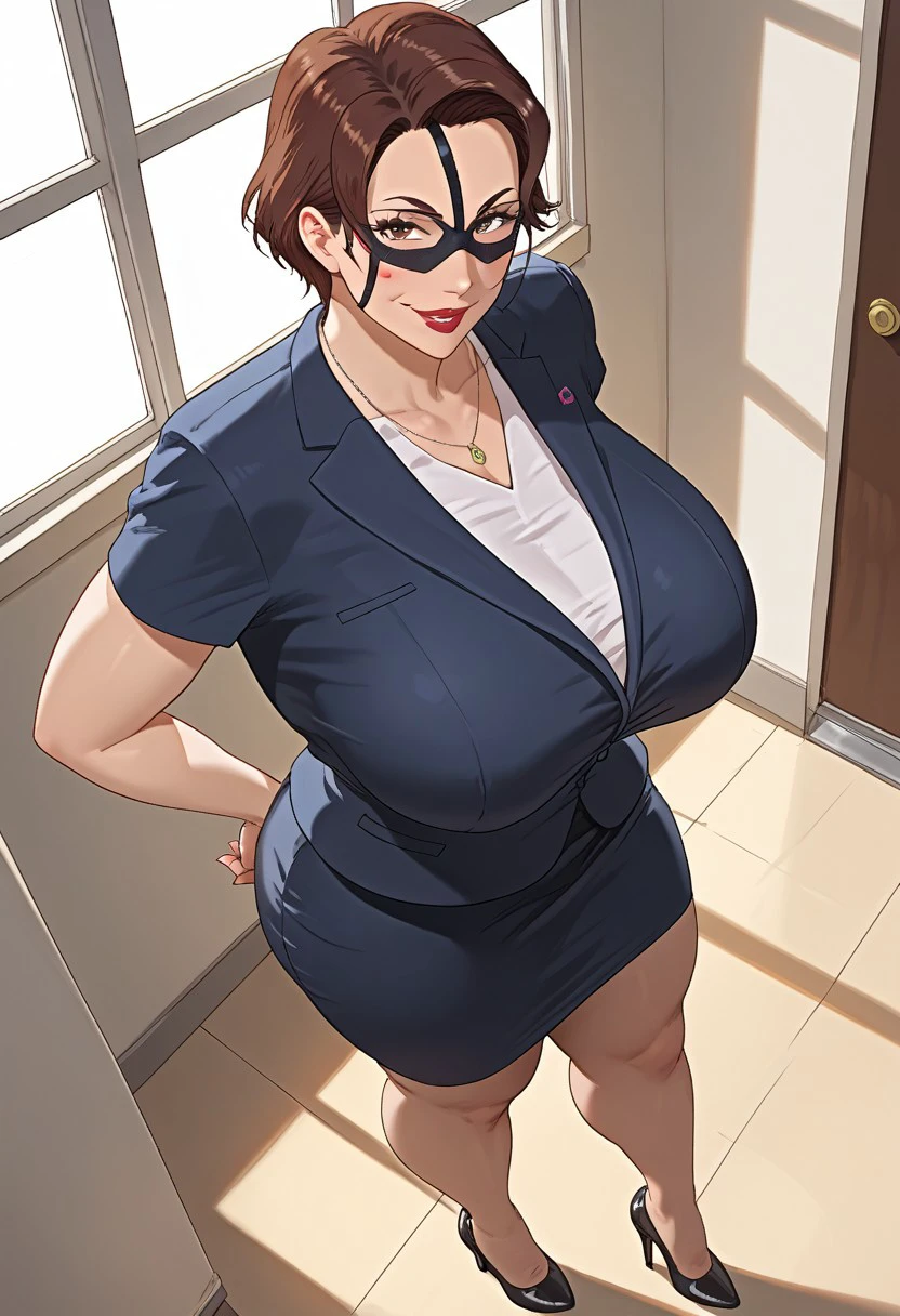 1girl, close-up, from above, looking at viewer, school hallway, window, sunlight, principal-nympho, reddish brown hair, gigantic breasts, curvy, mature female, lipstick, tall female, short hair, thick thighs, huge ass, smile, taking off mask, mask off, glasses, skirt, suit, formal, short sleeves, high heels, mask, domino mask, Score_9, Score_8_up, Score_7_up