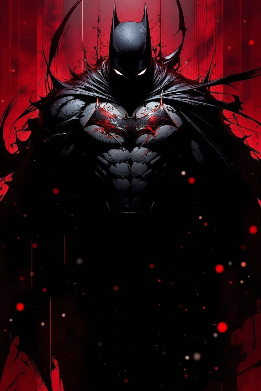draw the Batman in an action scene with a lot of blood on his hands and mouth, blood on the ground because the scene is of Batman fighting several Cyberpunks at the behest of the villain Penguin, 64k,