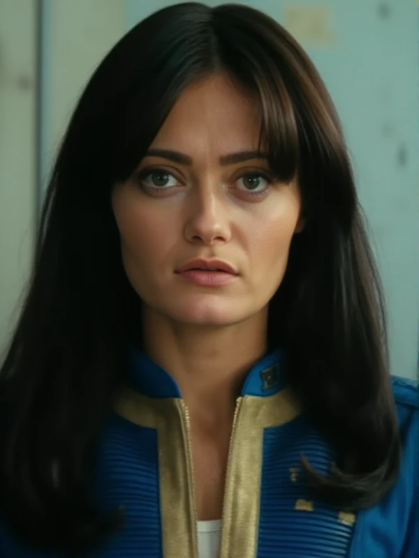 Lucy wears a blue jumpsuit with some yellow marks. She has dark long hair. closeup face portrait. Professional photography  <lora:Lucy:0.9>