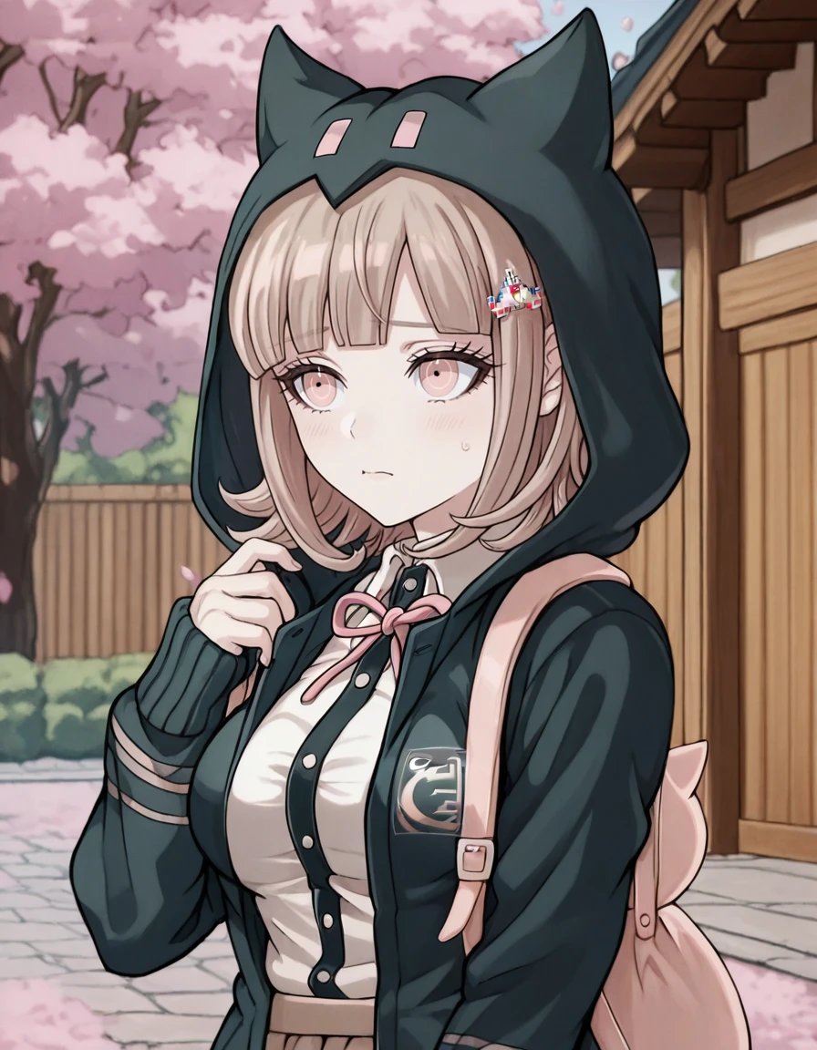 (((solo))), (((closed mouth))), masterpiece, best quality, <lora:Chiaki_Nanami_Illustrious:1>, In the art style of Rui Komatsuzaki, artist: Rui Komatsuzaki,  This is an anime screencap from Danganronpa 3.  Chiaki Nanami is in a video game arcade playing a video game. Chiaki Nanami is wearing her uniform from Danganronpa 2. Chiaki's hair slightly curls outwards, though the locks on either side of her face curl inwards. Chiaki Nanami's hair is a dusty light pink that is almost light brown. She has short straight bangs split towards the right, a white Galaga hairclip pinned to a lock of her hair. She has blossom pink eyes. She wears a white button-up shirt with a dark teal-gray front placket. She wears a light pink ribbon tied around her neck in a bow, with a pale beige pleated skirt. This also includes a one-button dark teal-gray hooded cardigan with gray horizontal lines running across the hem and sleeves, the Hope's Peak crest on the chest pocket. Chiaki Nanami's hood has pointed ears on the top and two pink eye-like markings on the front, resembling a cat. She also sports black thigh-high socks and light pink Mary-Jane style shoes with white soles. Chiaki has a pale pink backpack with a white pocket, a plush cat head sewn at the top with a white ribbon tied in a bow at it's base. Chiaki Nanami has the hood of her hooded sweater up and the black hood has two cat ears and two cat eyes. She has her hood pulled up over her head.  Chiaki Nanami is the focus of the image. Chiaki is holding a bow and arrows in her hands and looking slightly downward with a confused expression. The setting is the martial arts dojo in Hope's Peak. The background is a Japanese style building in a courtyard with rows of cherry blossom trees. The building has a dark brown wooden roof and brown wooden walls. A large gate with purple fabric curtains, decorated with white crests, is open. There are several white circular archery target-like objects placed in a row on the brown wall of the building behind the gate. The gate leads into a dark grey cobblestone path covered in pink cherry blossom petals. There are many pink blossom petals falling down in the air, falling against the black night sky. A thick wooden plank with a wood grain texture is at the bottom of the image and covers a part of the lower portion of the cherry blossom trees. The mood is calm and peaceful, as if there is an air of serenity in the atmosphere despite the dark colours of the background scene.