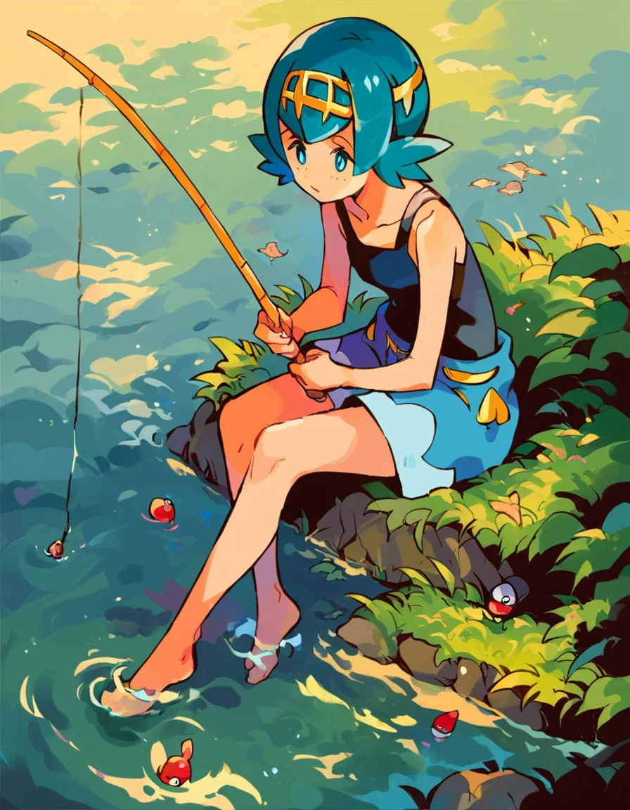 score_9, score_8_up, score_7_up, score_6_up, source_anime, anime coloring, fishing, fishing rod, holding fishing rod, holding, 1girl, solo, sitting, <lora:angling-v2-pony_1:0.8> , lana, pokemon