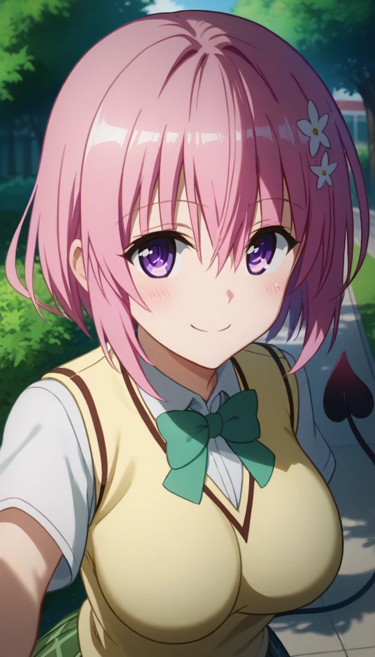 score_9,score_8_up,score_7_up,score_6_up BREAK official art,solo,outdoors,upper body,(portrait:1.5),looking at viewer,facing viewer,smile,blush,Momo Belia Deviluke,pink hair,hair ornament,hair flower,hair between eyes,bangs,purple eyes,school uniform,sweater vest,yellow vest,white shirt,collared shirt,green bowtie,short sleeves,large breasts,miniskirt,green skirt,plaid skirt,pleated skirt,demon tail,zettai ryouiki,black thighhighs,loafers,<lora:Momo Belia Deviluke(tlr)-Pony:1.6>,