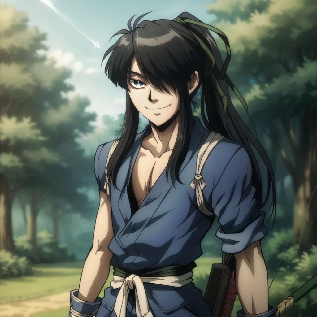 score_9, score_8_up, score_7_up, masterpiece, source_anime, anime screencap, very skinny, slender, <lora:Yoich1:1>,Yoich1,  solo,long hair,smile,black hair,gloves,1boy,ponytail,weapon,male focus,japanese clothes,fingerless gloves,hair over one eye,nature,forest,anime coloring, bow, arrow, shooting a bow