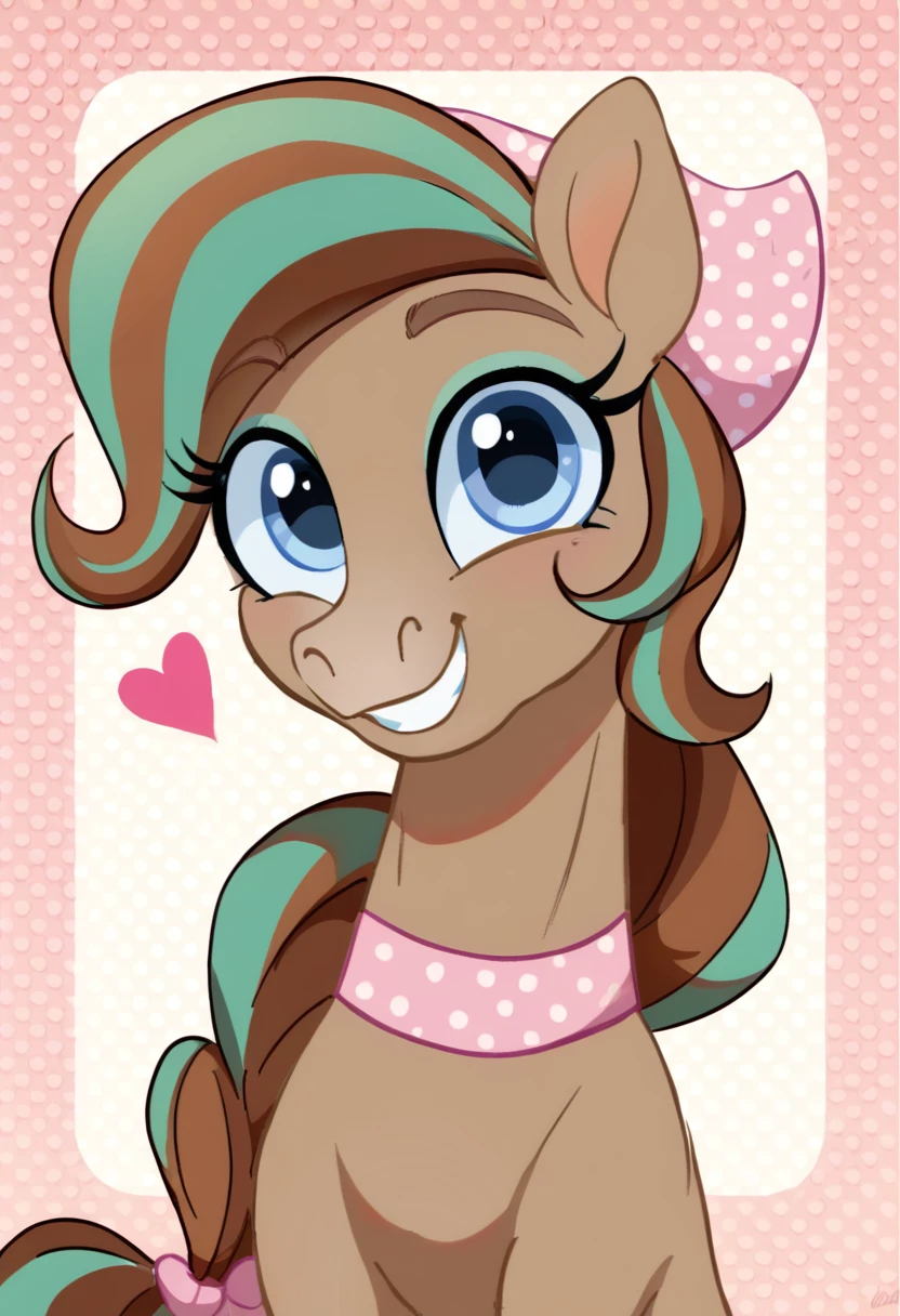 score_9, score_8_up, score_7_up, score_6_up, score_5_up, score_4_up, 
cocoa, horse, mare, female, solo, 
cute, heart, looking at you, wallpaper, smiling, three quarter view, <lora:Wild_Manes_V2c-000011:0.7>, <lora:Wholesome-MLP-v1.3b:0.4>