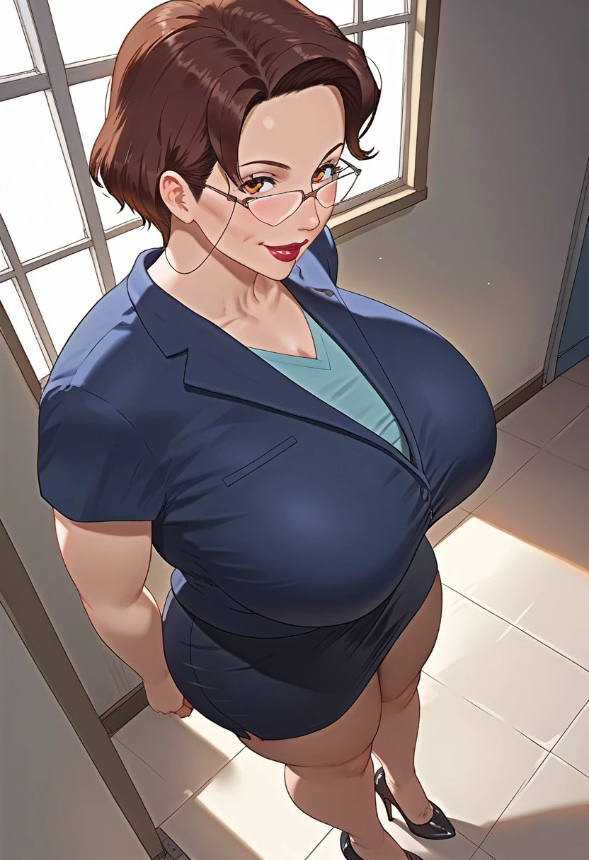 1girl, close-up, from above, looking at viewer, school hallway, window, sunlight, principal-nympho, reddish brown hair, gigantic breasts, curvy, mature female, lipstick, tall female, short hair, thick thighs, huge ass, smile, glasses, skirt, suit, formal, short sleeves, high heels, Score_9, Score_8_up, Score_7_up