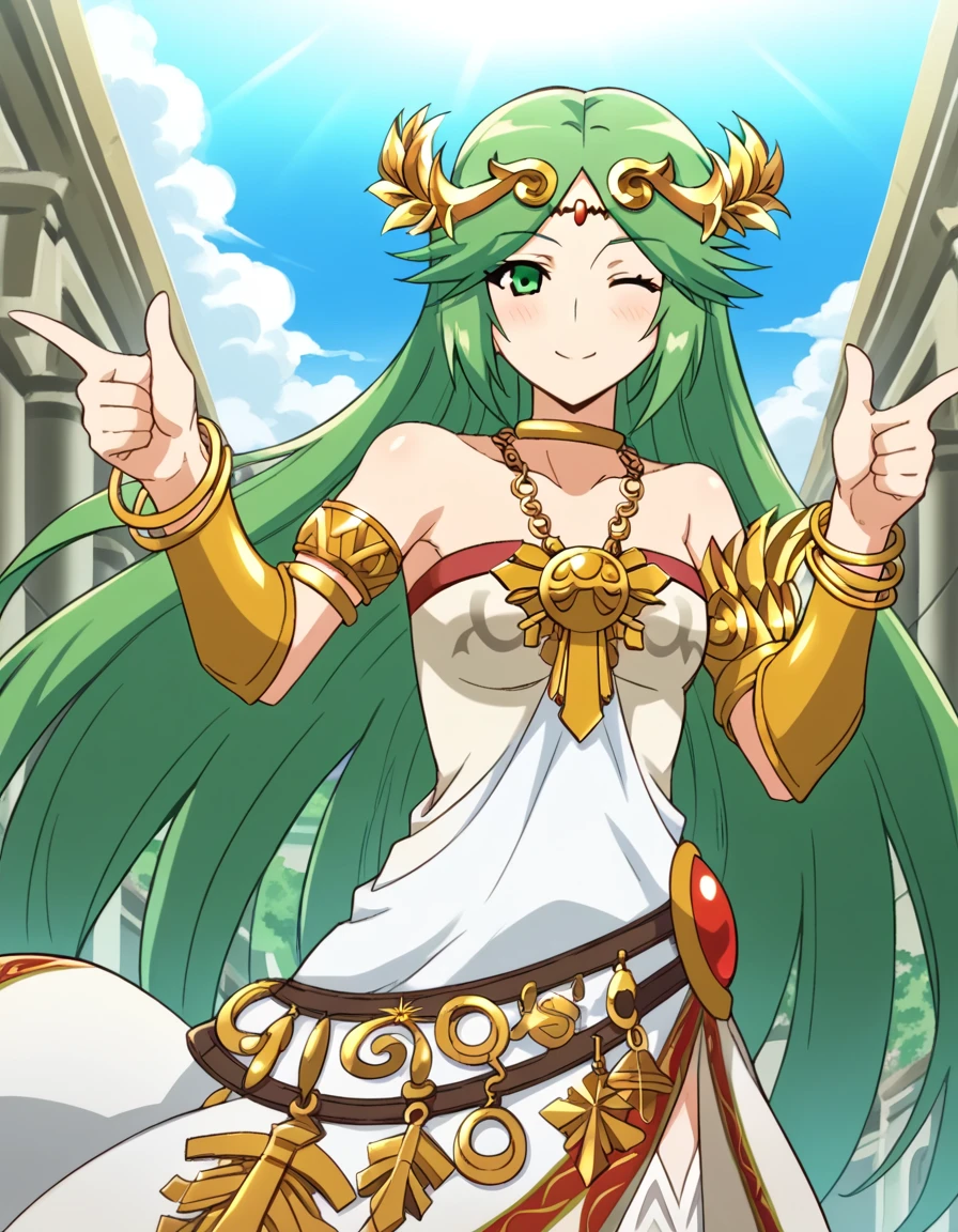 score_9, score_8_up, score_7_up, source_anime, <lora:palutena-trailer-ponyxl-lora-nochekaiser:1>, palutena, long hair, bangs, very long hair, green eyes, green hair, parted bangs,, dress, bare shoulders, jewelry, necklace, white dress, strapless, tiara, strapless dress, armlet, neck ring, gold,, Outdoors, nature, scenery, open space, sunlight, , <lora:double-finger-gun-ponyxl-lora-nochekaiser:1>, double finger gun,, blush, smile, one eye closed, from side, looking at viewer, solo,, dutch angle, cowboy shot