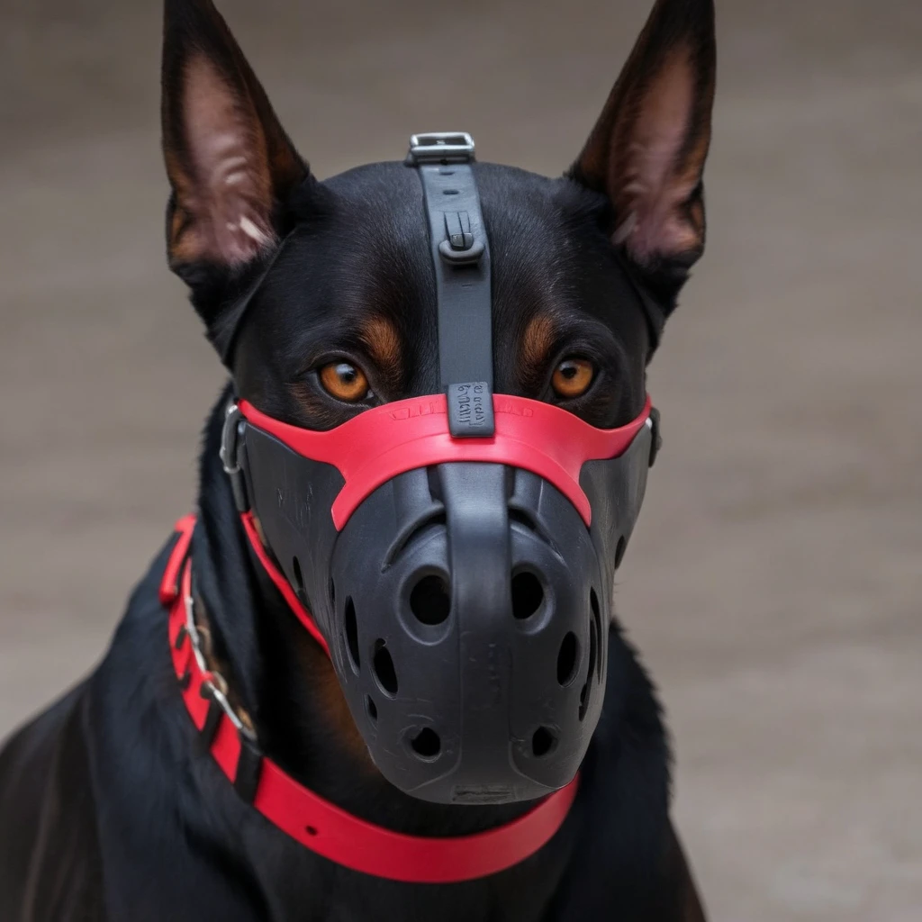 (doberman:1) wearing a red plastic muzzle <lora:K9-muzzle:1>,