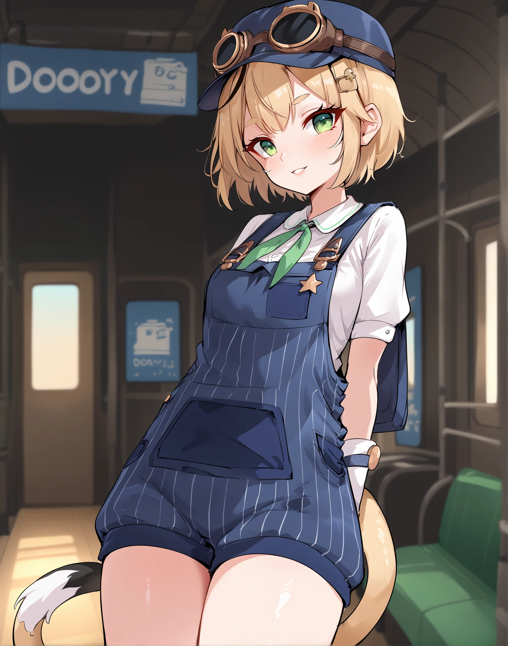 score_9, score_8_up, score_7_up, source_anime, anime, BREAK, best quality, very aesthetic, crisp image, absurdres,  hotfiy, zPDXL3,  <lora:doobyPonyXL:1>, 1girl, dooby, short hair, tail, overalls, hat, goggles, green eyes, hair ornament, white gloves,