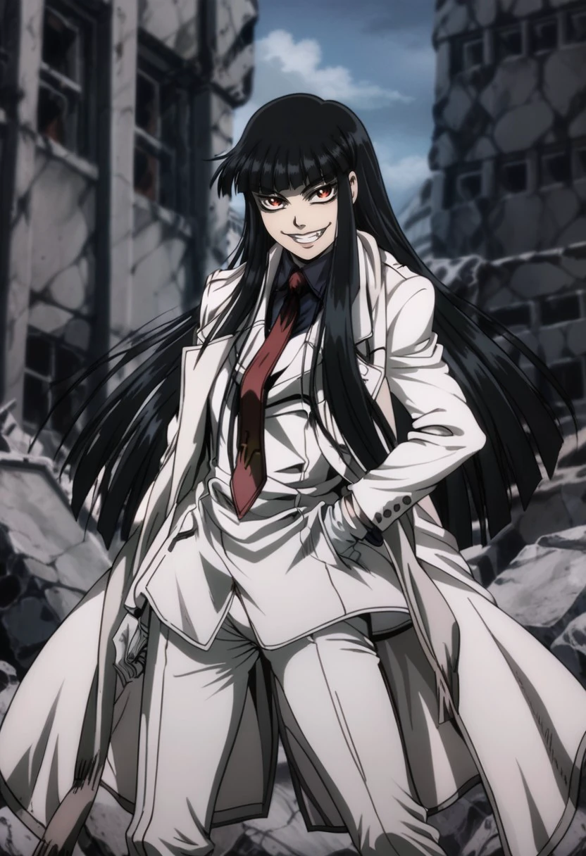 score_9, score_8_up, score_7_up,  girlycardXL11, 1 girl, solo, red eyes, black hair, long hair,blunt bangs, scarf, blue shirt, red necktie, white jacket, white coat, white gloves, white pants,evil smile, ruins, <lora:AlucardgirlycardXL11-000010:1.0>