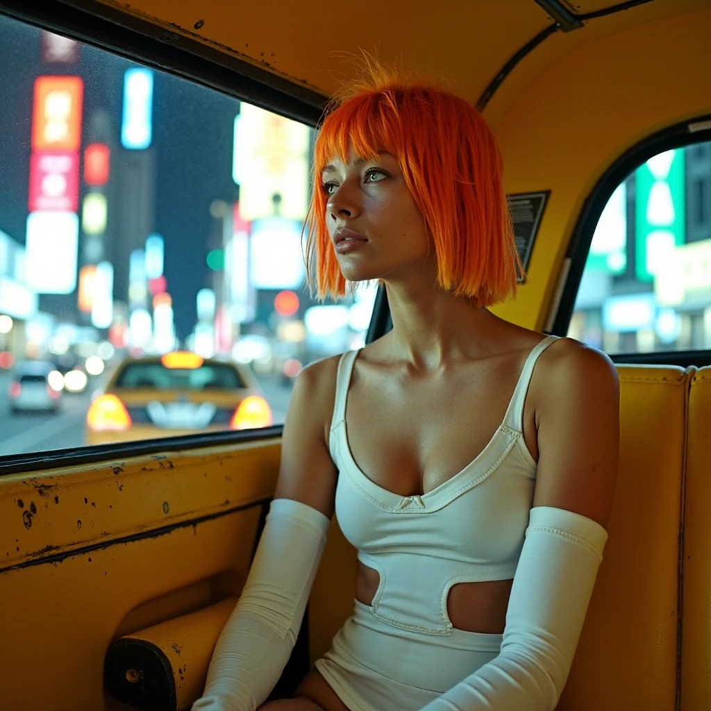 LeeLoo5, a mid-shot of a woman with bright orange, messy hair styled in a choppy bob, sitting in a futuristic yellow taxi typical of The Fifth Element. She is wearing her unique outfit of minimalistic white bandages that wrap around her body, exposing her midsection and shoulders in a sleek, modern design. Her posture is slightly tense, with her hands gripping the edge of the seat as she gazes out the window with an intense, ethereal expression. The taxi interior features a worn, industrial look, with various digital displays and grungy textures that echo the gritty, futuristic style of the city. Neon lights and skyscrapers can be seen through the windows, casting a mix of warm and cool reflections across her face. The soft, angled lighting highlights her distinctive presence against the chaotic, urban backdrop outside.,