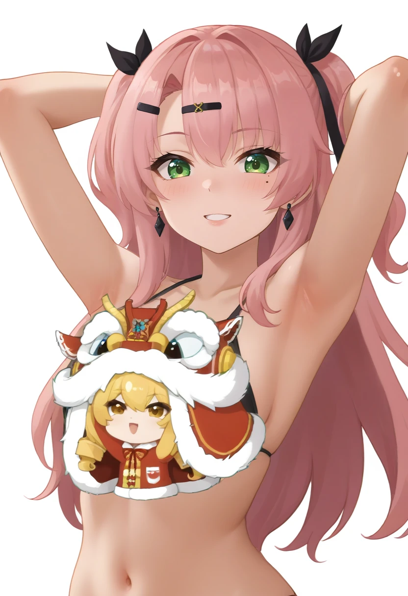 1girl, long hair, looking at viewer, blush, smile, open mouth, simple background, hair ornament, white background, navel, ribbon, hair between eyes, jewelry, bare shoulders, green eyes, upper body, pink hair, hair ribbon, :d, earrings, parted lips, hairclip, stomach, armpits, mole, arms up, bikini, two side up, mole under eye, black ribbon, bottomless, out-of-frame censoring, nicole demara, lioness sticker, lion dance censor <lora:LDC_SCZ:1>