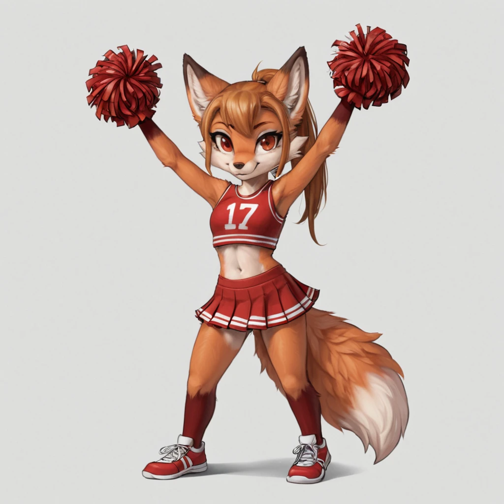 Penny Fox, red fox, furry anthro, long ponytail, red clothes, red eyes, cute, chibi, number 17 on clothes, bowties on ears, leather straps, mitten gloves, fang, full body, solo, arm up, sketch, white background, crop top, cheerleader, pompoms, monochrome, straight-on, holding, navel, tail longer than body, extra long fox tail, curved long fox tail, smile, cute sneakers