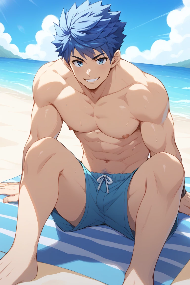 1boy,solo,male focus,mazjojo,blue hair,muscular,nipples,shorts,top,ess male,beach,smile