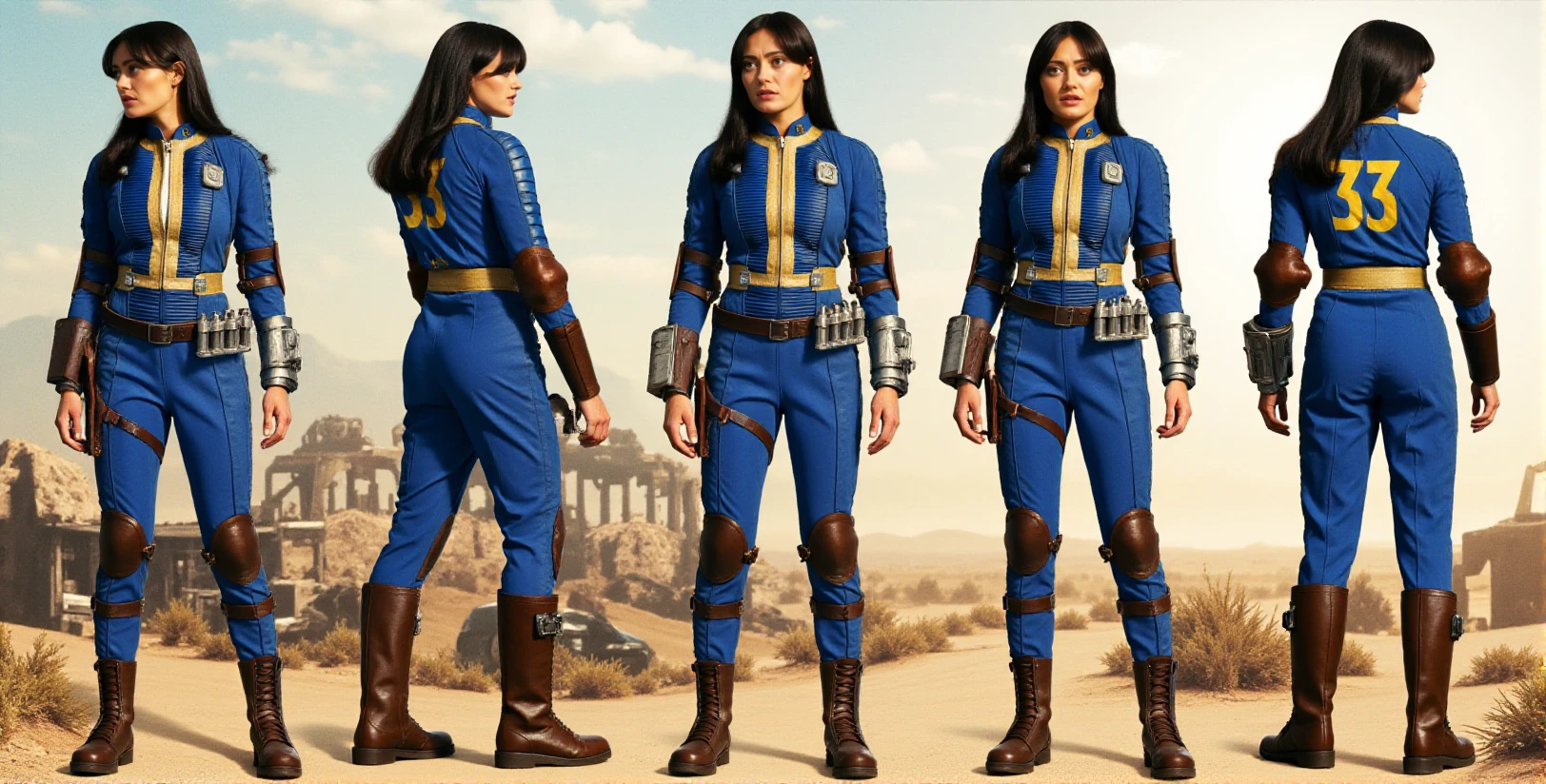 Buffon multiple views, 1girl turnaround, postapocaliptic city desert background with the text "FALLOUT", full body. Lucy wears a blue jumpsuit with some yellow marks. She has long dark hair. she wear brown military boots  <lora:Lucy:0.9>