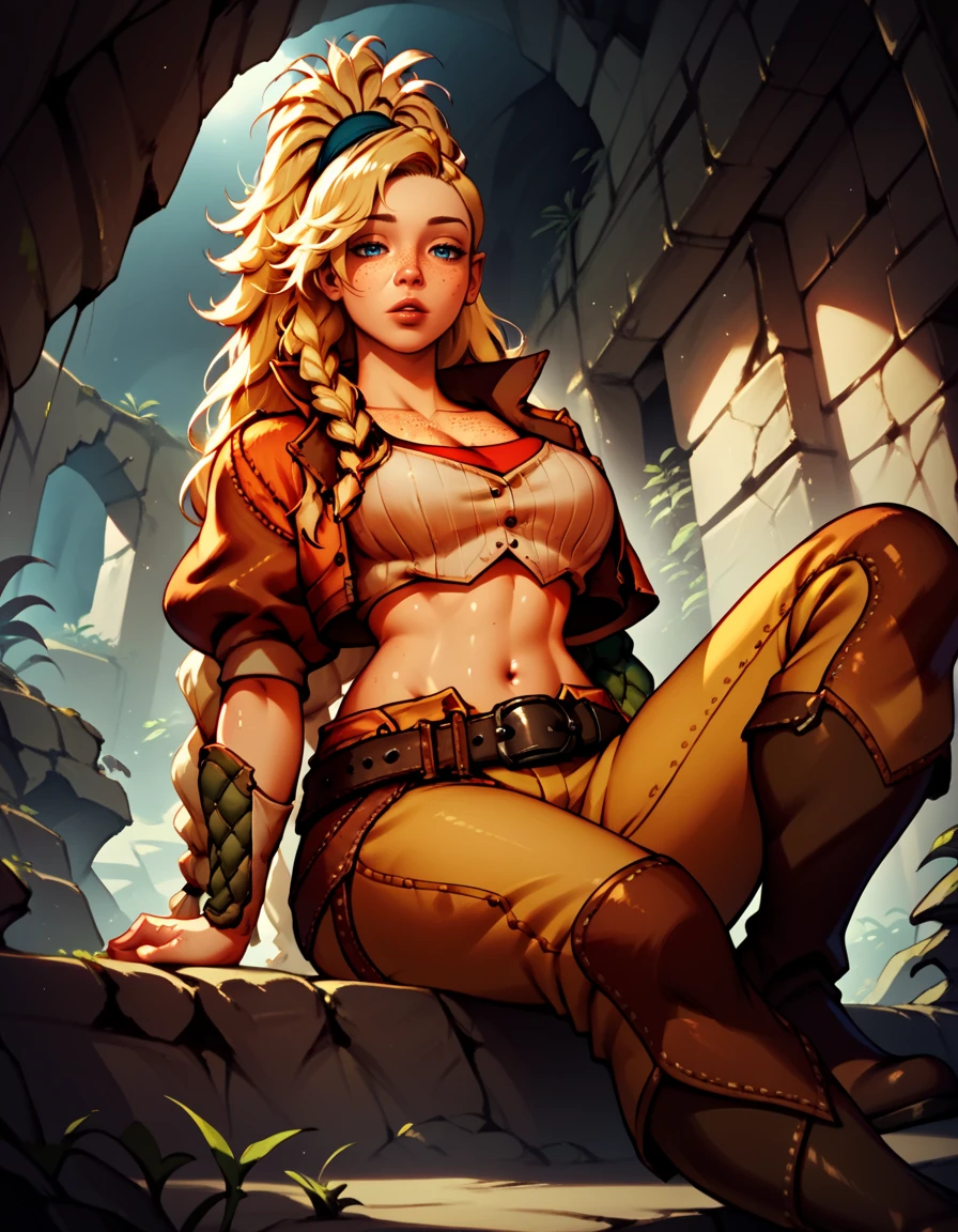 score_9, score_8_up, score_7_up,score_6_up, score_5_up, score_4_up , 1girl, solo,  
large breasts,
GemmaDG,
long hair, blonde hair, freckles, asymmetrical hair, blue eyes, 
cropped jacket, boots, belt, pants, crop top, open clothes, single glove,
half-closed eyes, parted lips, 
sitting, boots,
looking at viewer, 
dim-lighting, shiny skin, 
from below, 
cave, fantasy, night, ruins,
 <lora:Gemma DG PXL v001-000003:0.90>