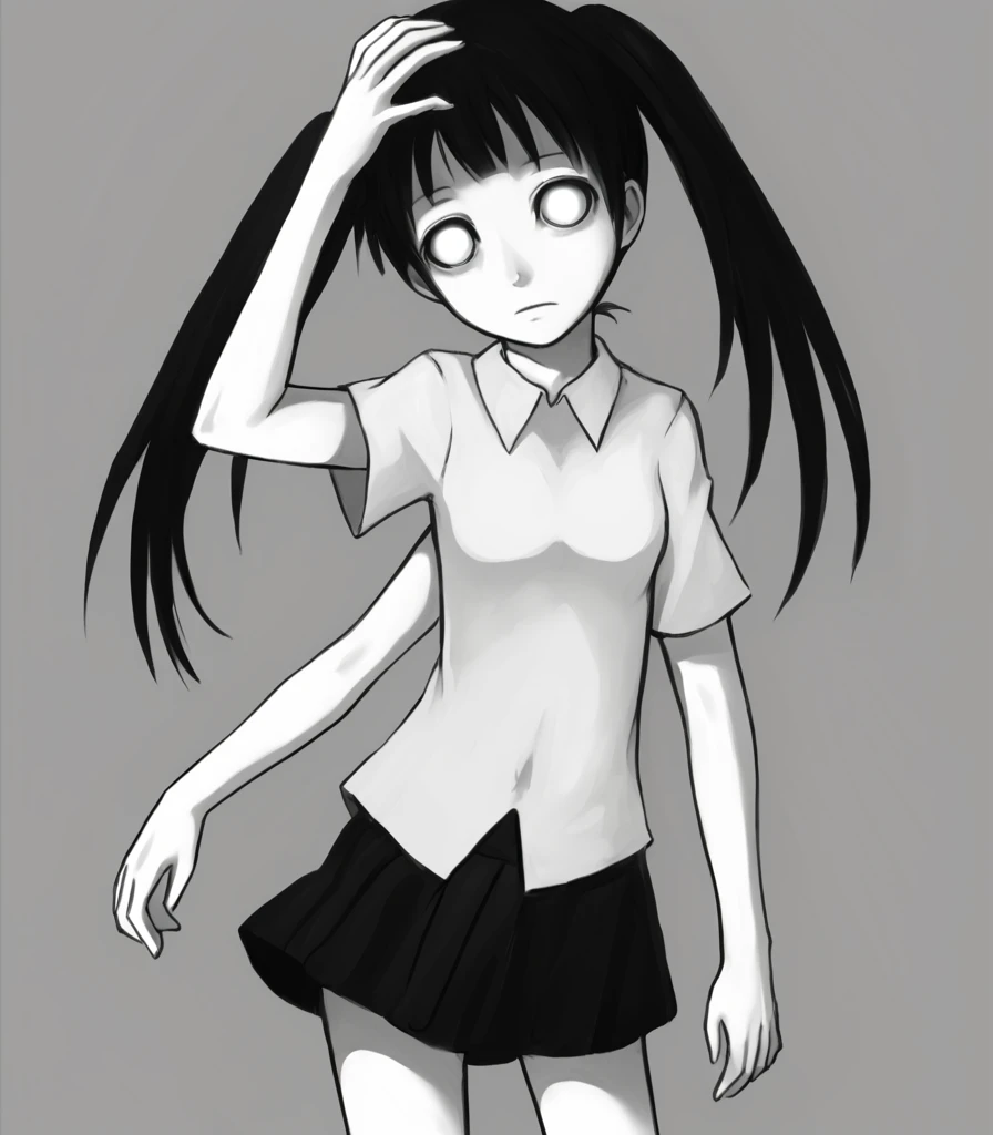 <lora:Monoko:1> m0n0k0, 1girl, solo, twintails, skirt, monochrome, shirt, black hair, long hair
arm on head, multiple arms, white eyes, stomach wound