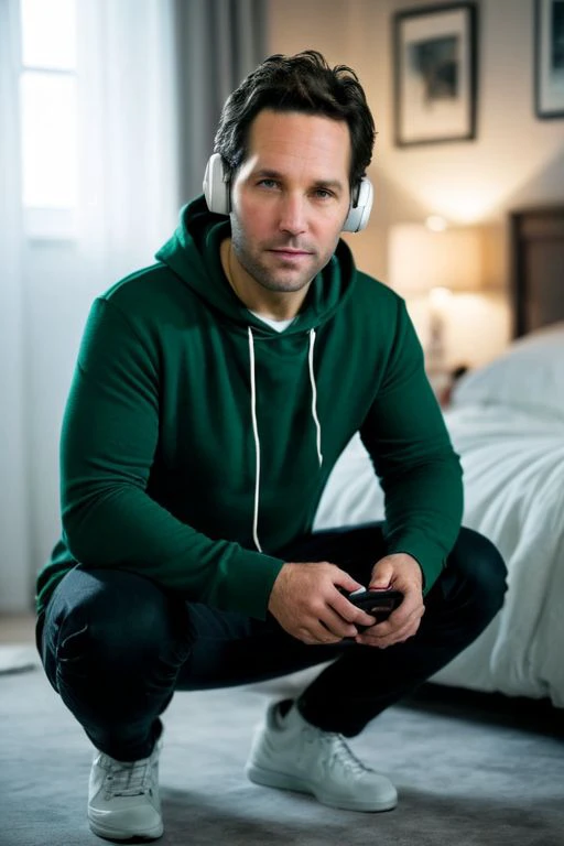 breathtaking cinematic photo masterpiece,highest quality,perfect quality, Paul Rudd a man <lora:Paul-Rudd:1>, wearing a green hoddie,squatting on ground,(wearing a wireless white headphones:1.5),holding gampad,in the bedroom,looking at the camera,cozy scene,35mm photograph,film,bokeh,professional,4k,highly detailed . award-winning,professional,highly detailed,. 35mm photograph,film,bokeh,professional,4k,highly detailed . award-winning,professional,highly detailed,