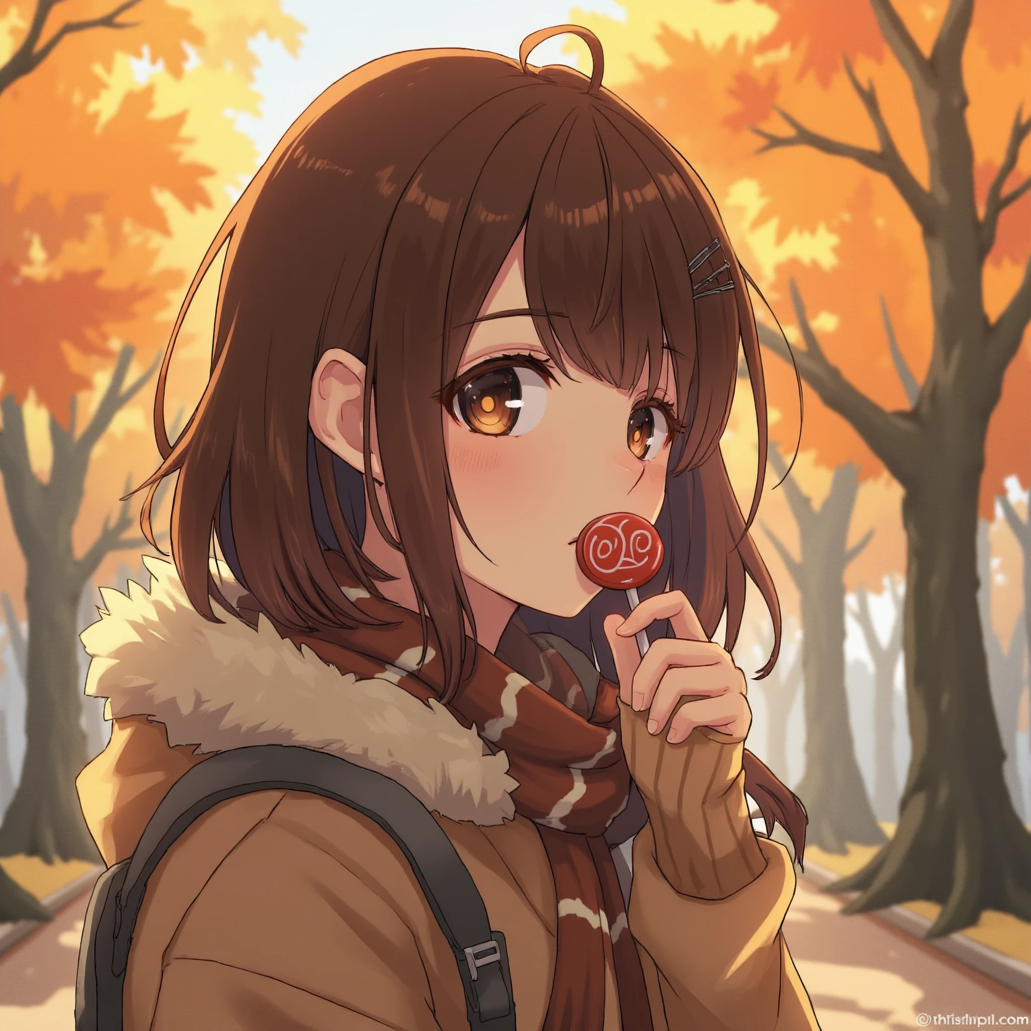 An anime-style shy girl holding a Tootsie Pop close to her lips, her cheeks slightly flushed as she glances away from the viewer. She wears a cozy sweater with a scarf, her hair tucked behind one ear with a hairpin. The setting is a peaceful park in early autumn, with leaves turning orange and a soft breeze ruffling her hair. The mood is calm and slightly romantic, with the Tootsie Pop adding a touch of sweetness to her shy demeanor.